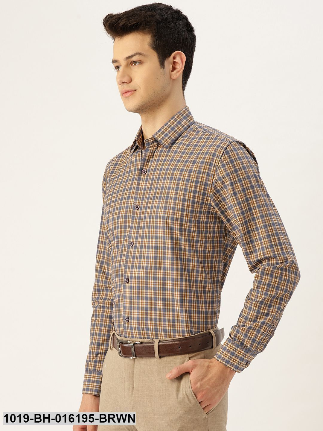 Men's Cotton Brown & Taupe Checked Formal Shirt