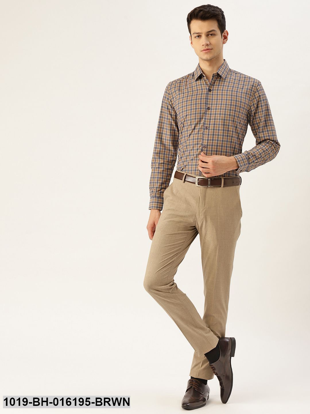 Men's Cotton Brown & Taupe Checked Formal Shirt