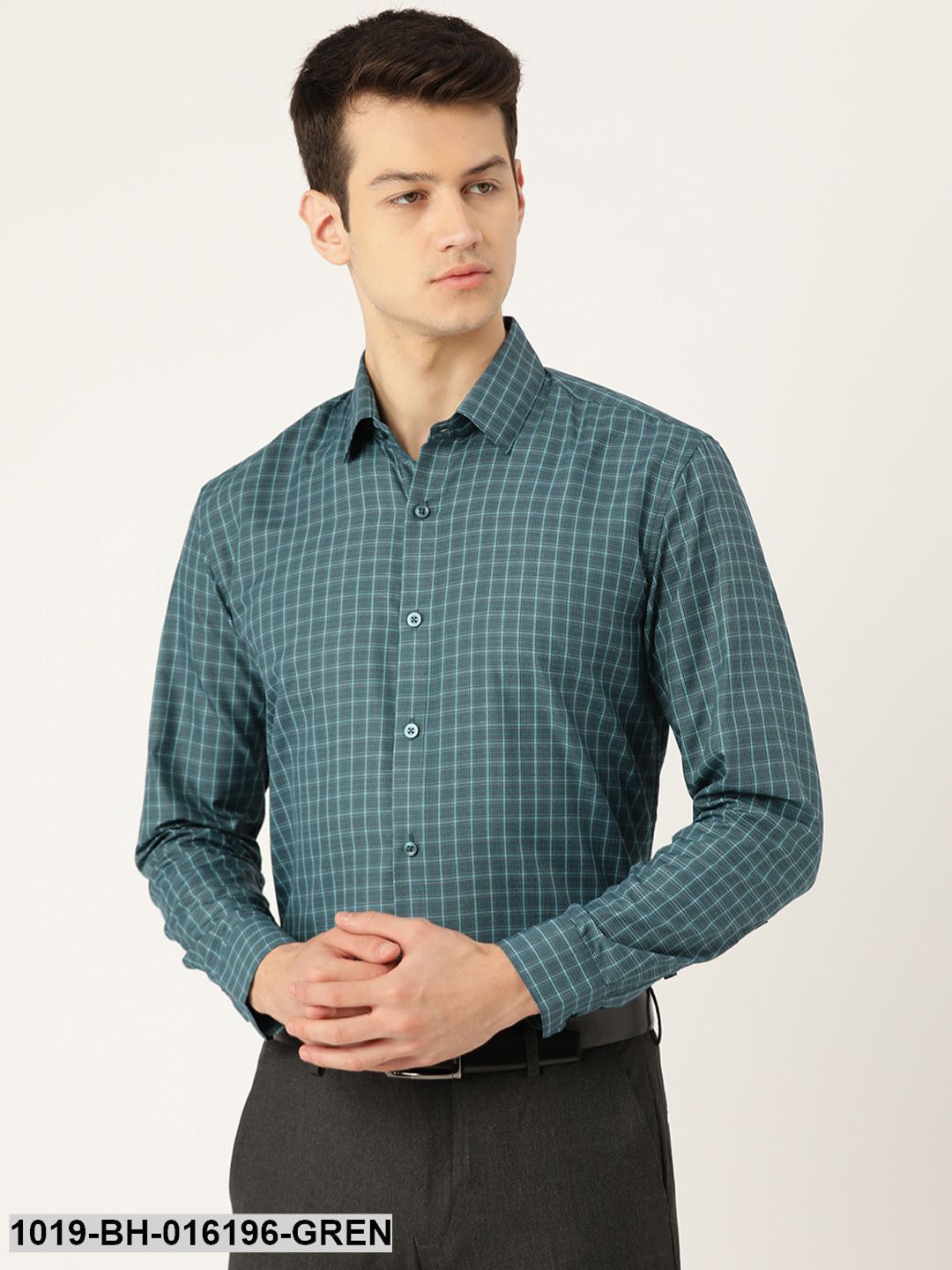 Men's Cotton Bottle Green & Sea Green Checked Formal Shirt - Sojanya