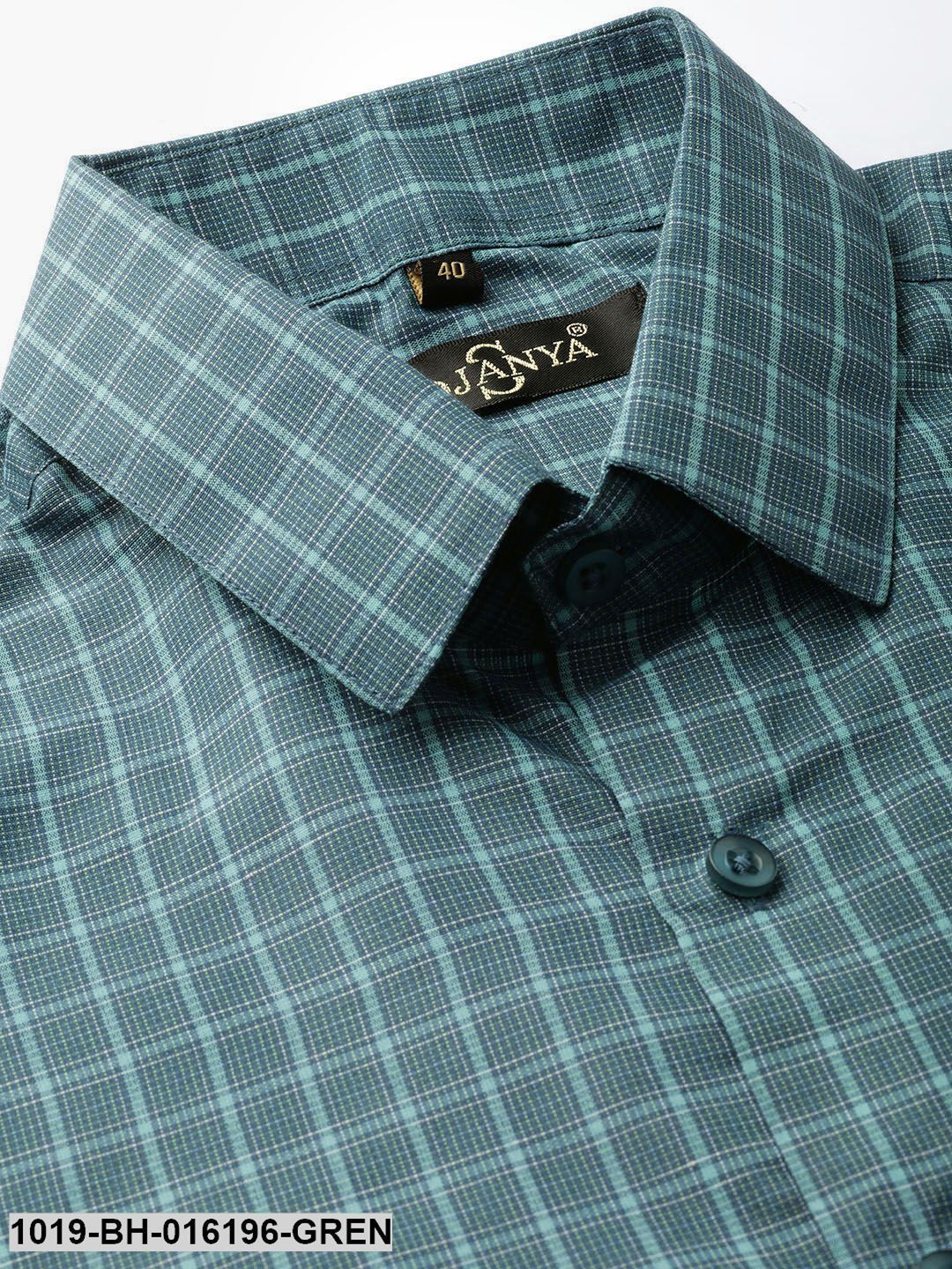 Men's Cotton Bottle Green & Sea Green Checked Formal Shirt - Sojanya