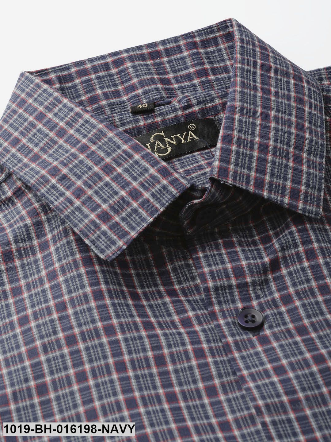 Men's Cotton Navy Blue & Grey Checked Formal Shirt - Sojanya