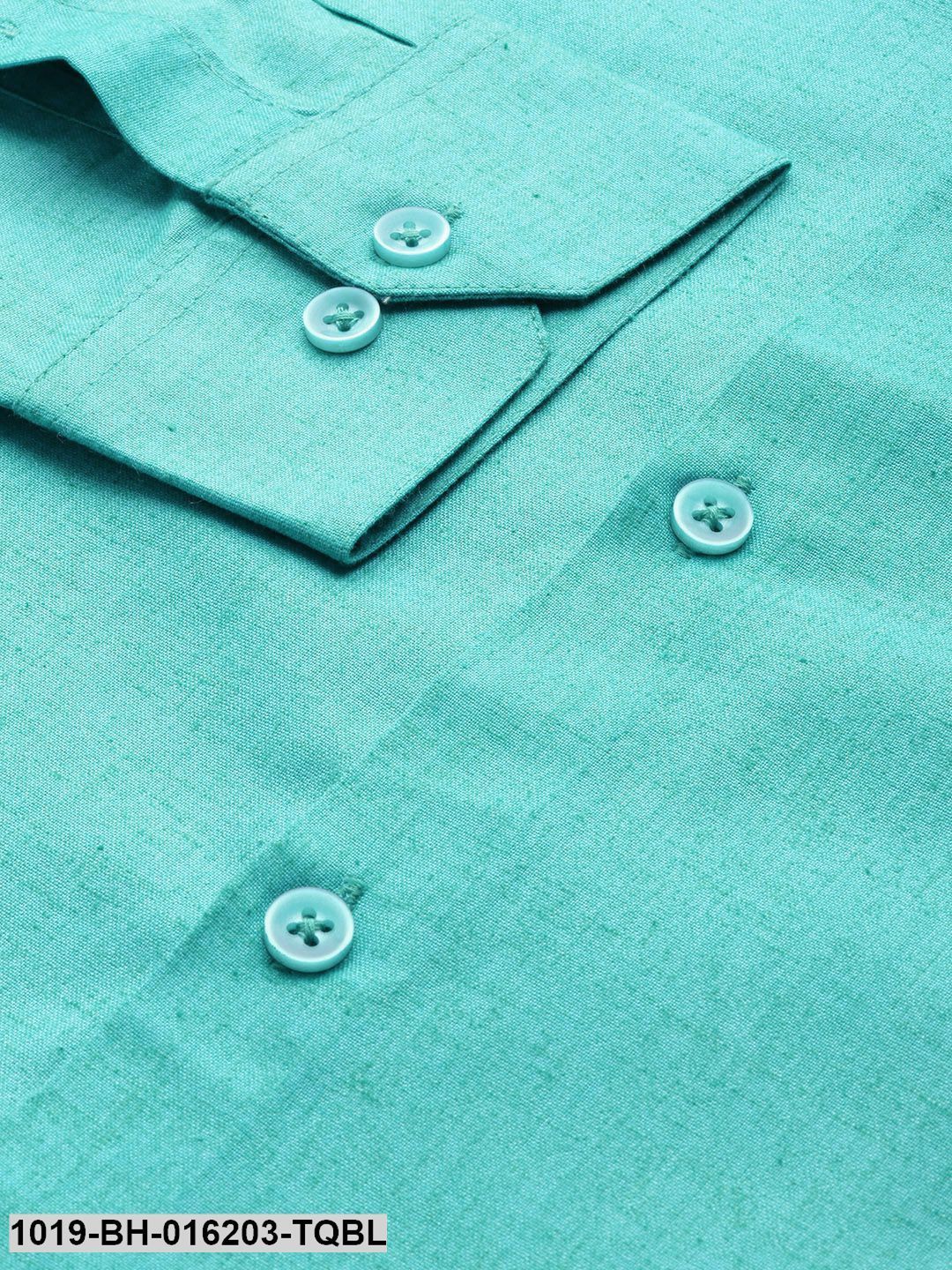 Men's Cotton Linen Turquoise Blue Solid Formal Shirt - Sojanya