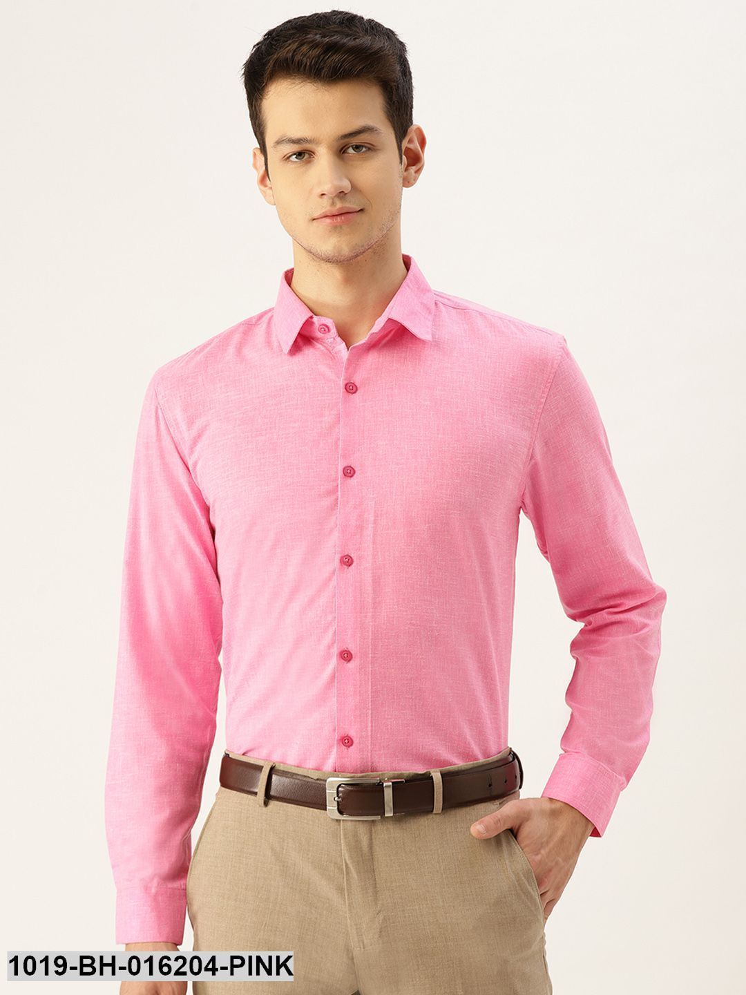 Men's Cotton Linen Pink Solid Formal Shirt - Sojanya