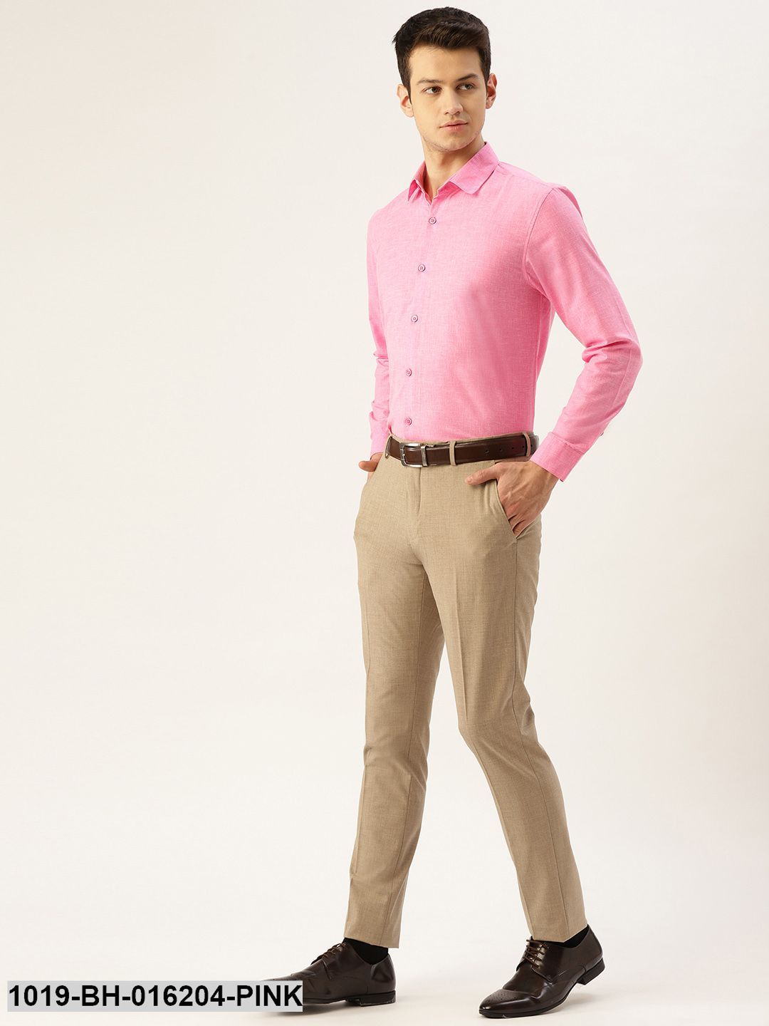Men's Cotton Linen Pink Solid Formal Shirt - Sojanya