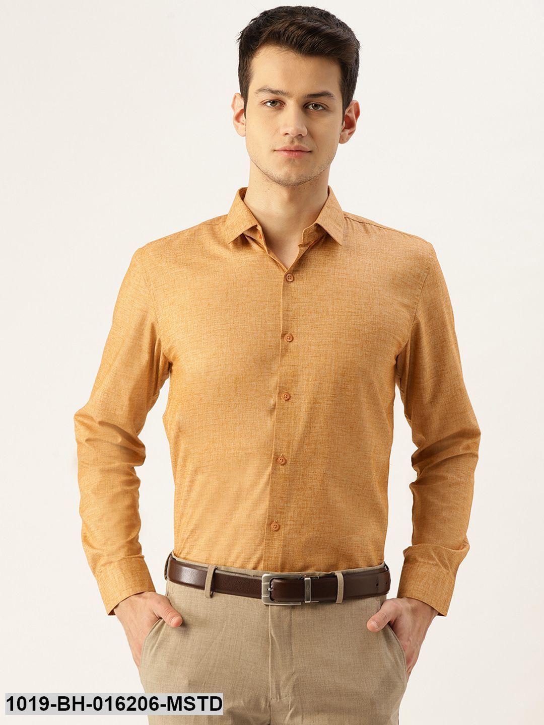 Men's Cotton Linen Mustard Solid Formal Shirt - Sojanya