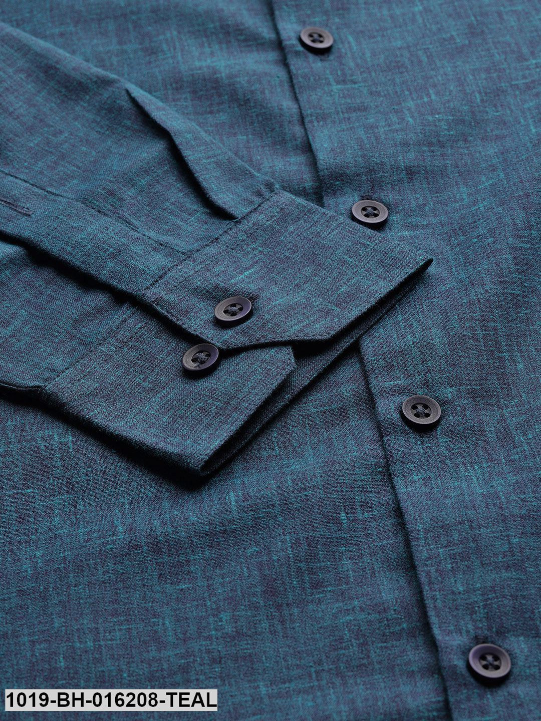 Men's Cotton Linen Teal Blue Solid Formal Shirt - Sojanya