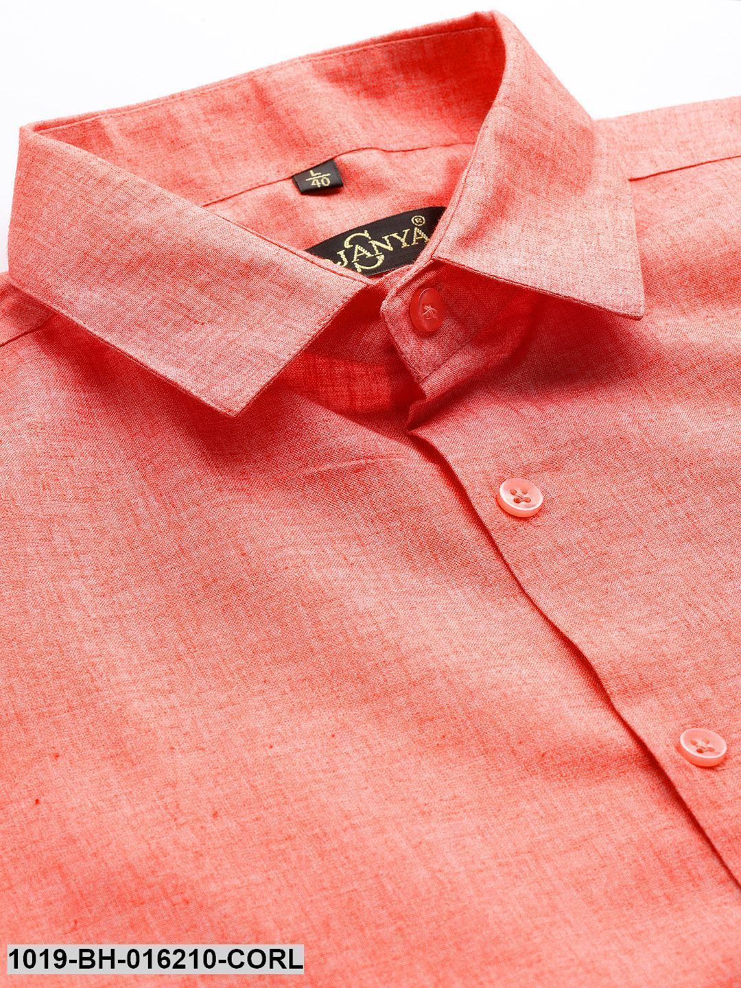 Men's Cotton Linen Coral Solid Formal Shirt - Sojanya