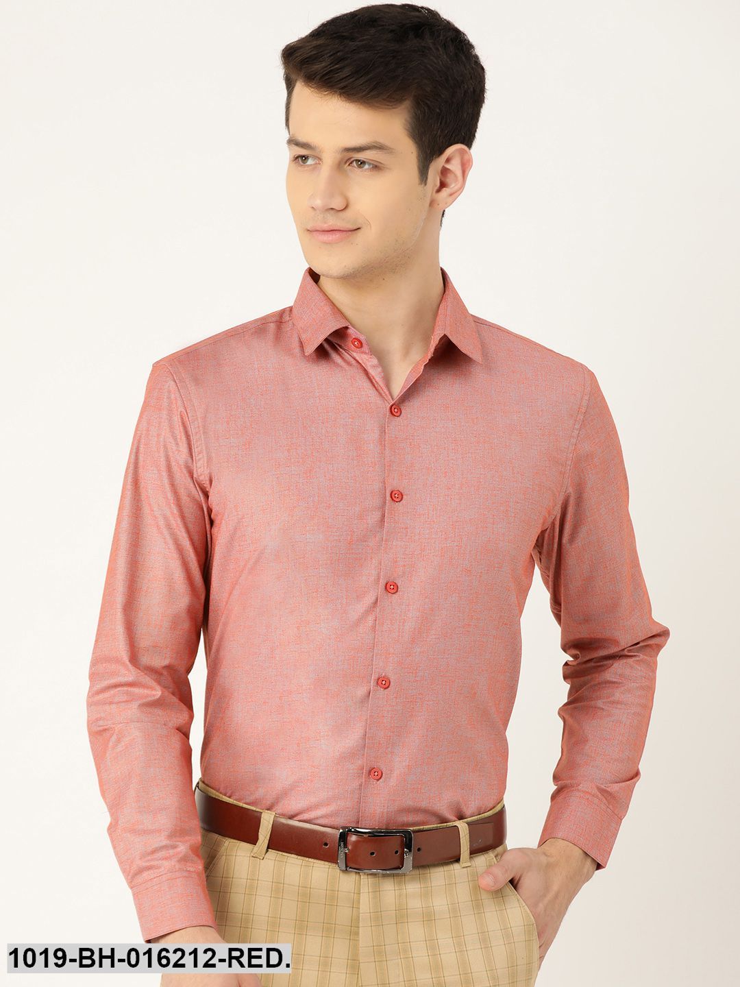 Men's Cotton Linen Red & Grey Solid Formal Shirt - Sojanya