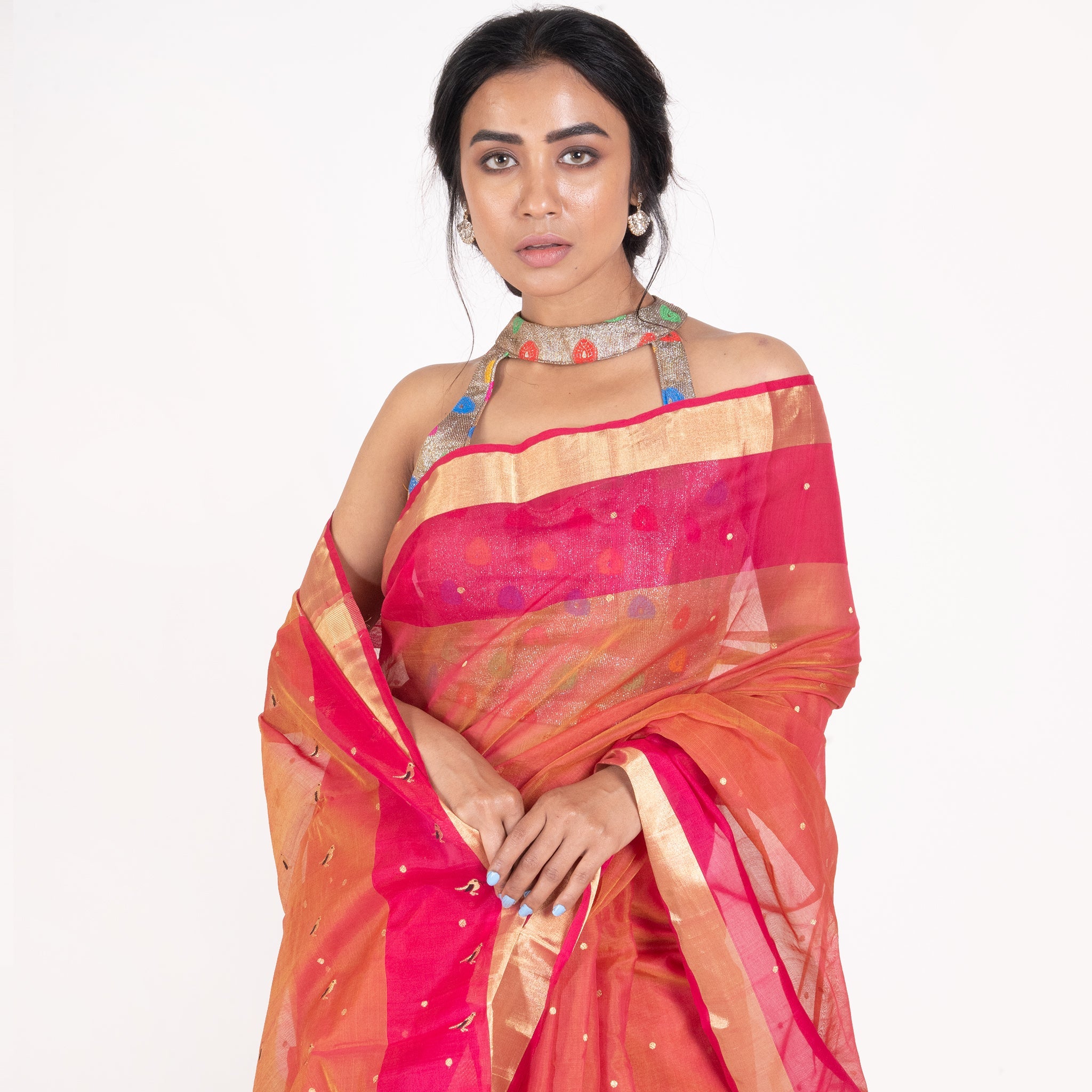 Women's Fire Orange Dual Color Pure Chanderi Silk Saree With Golden Zari Booti And Pallu - Boveee