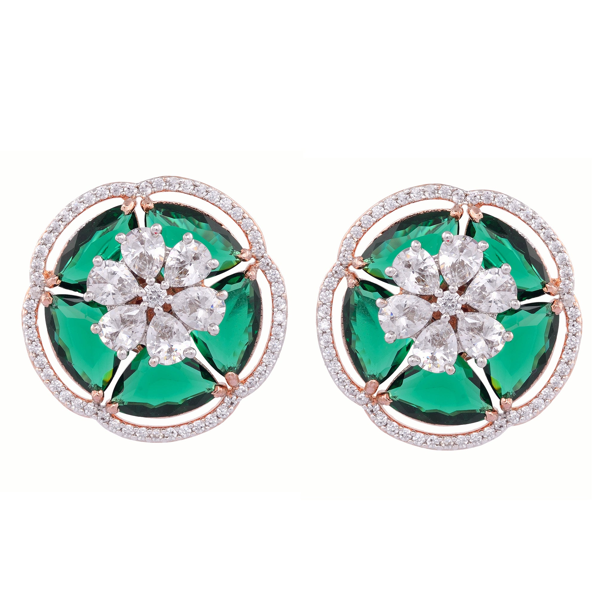 Rose Gold With Green American Diamond Studded Handcrafted Earrings for Women and Girls - Saraf RS Jewellery