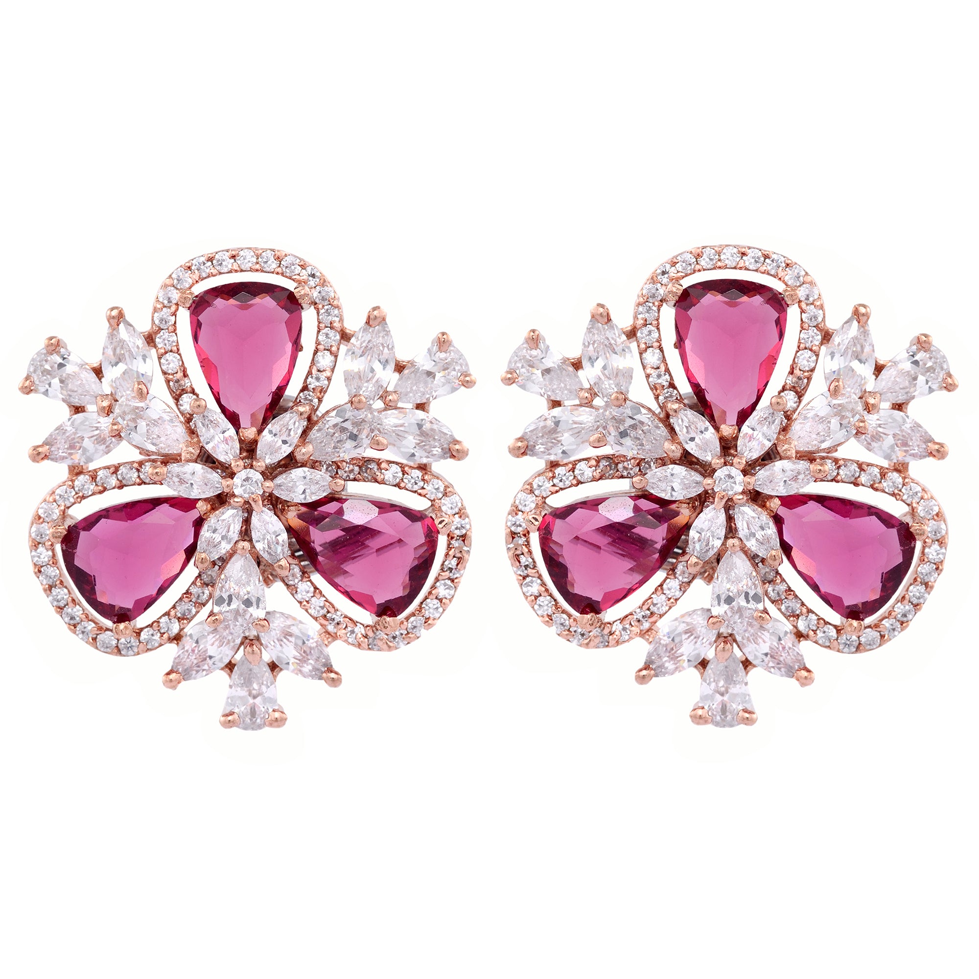 Rose Gold With Ruby American Diamond Studded Handcrafted Earrings for Women and Girls - Saraf RS Jewellery