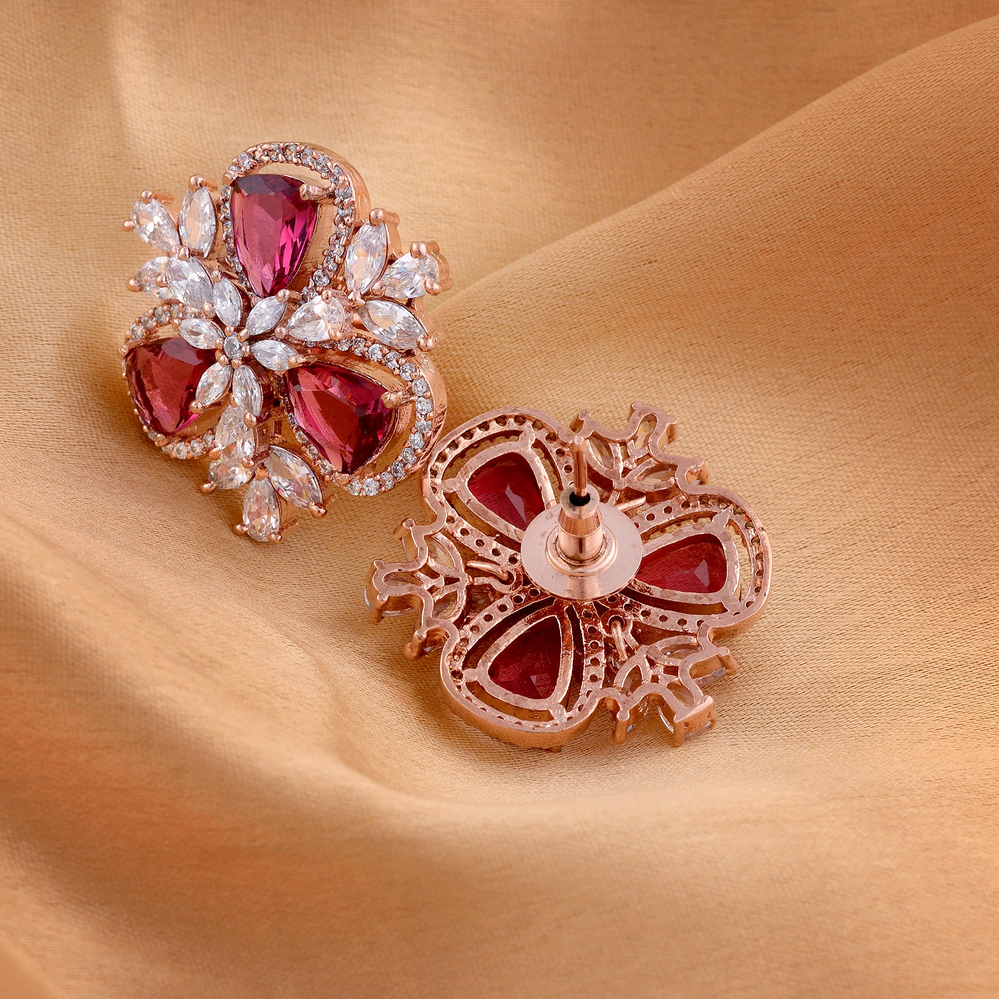 Rose Gold With Ruby American Diamond Studded Handcrafted Earrings for Women and Girls - Saraf RS Jewellery