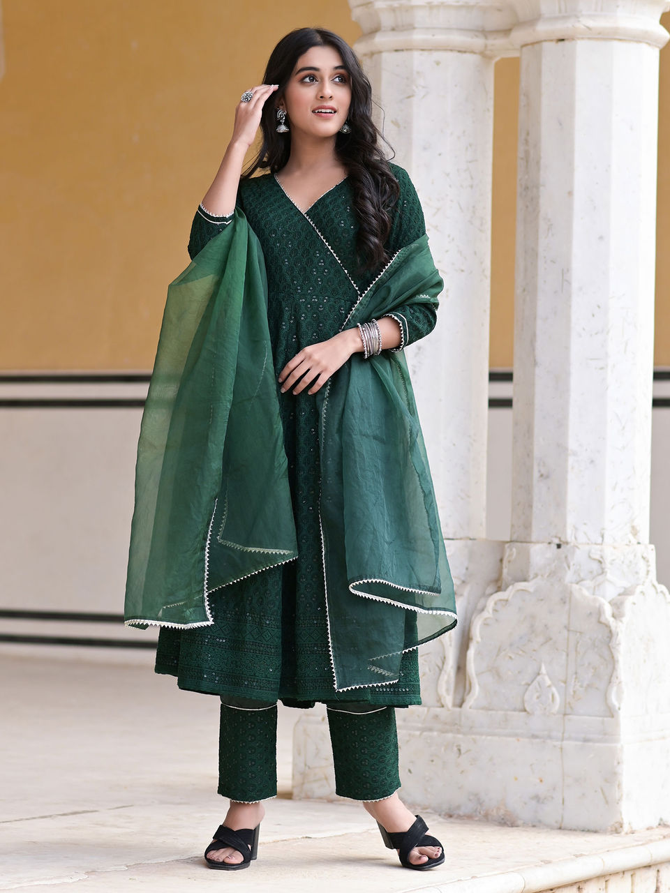 Women's Juniper Green Embellished Anarkali Set - Hatheli