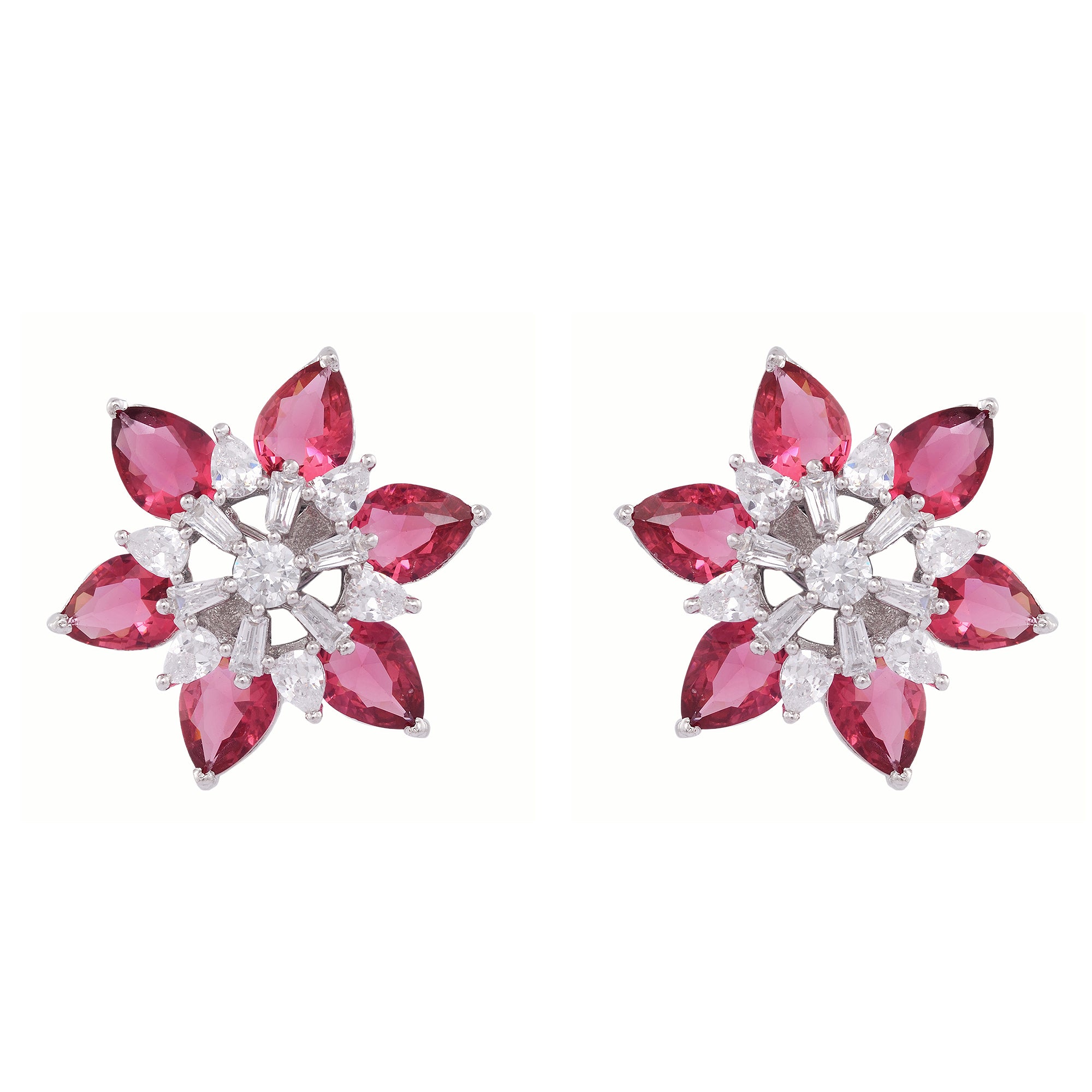 White Rhodium With Ruby American Diamond Studded Handcrafted Earrings for Women and Girls - Saraf RS Jewellery