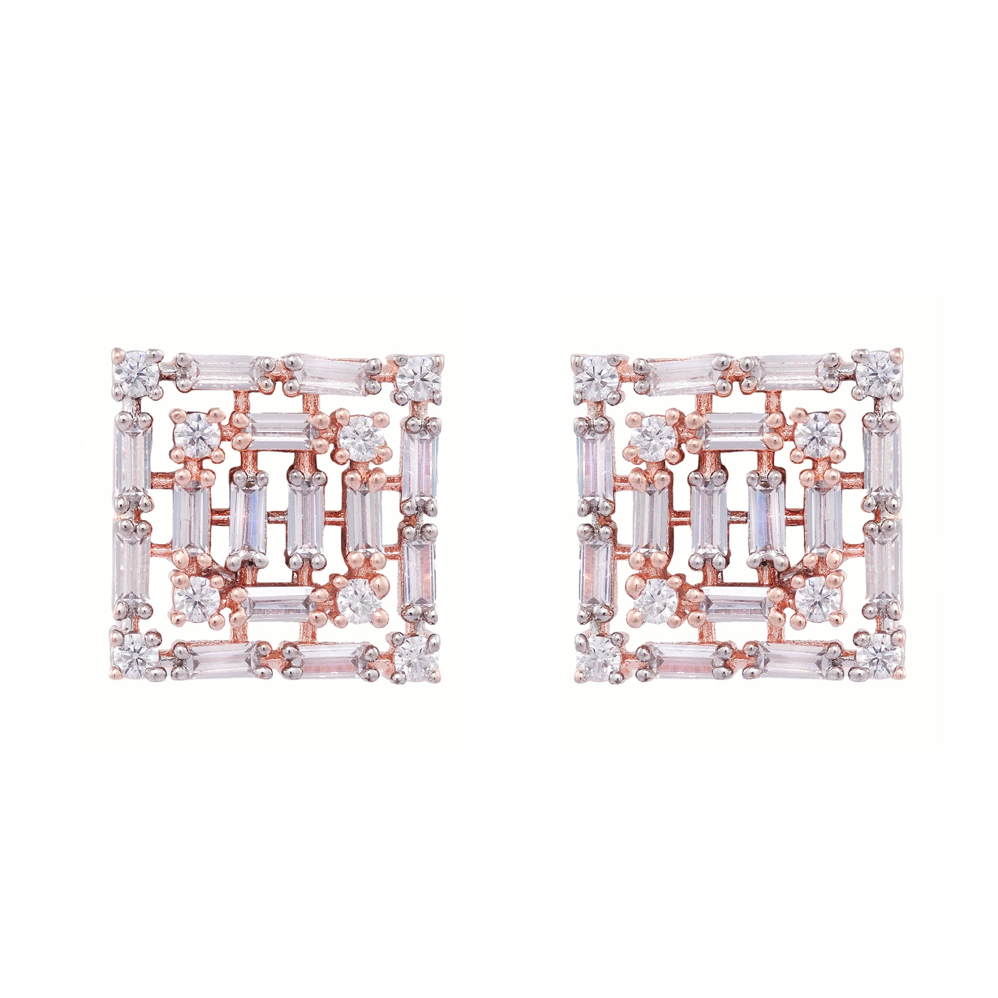 Rose Gold With White American Diamond Studded Handcrafted Square Earrings for Women and Girls - Saraf RS Jewellery