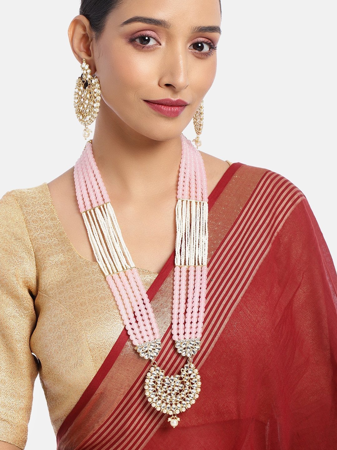 Women's Gold Plated Pink Ethnic 5 Layer Kundan Pearl Studded Long Necklace Set - i jewels