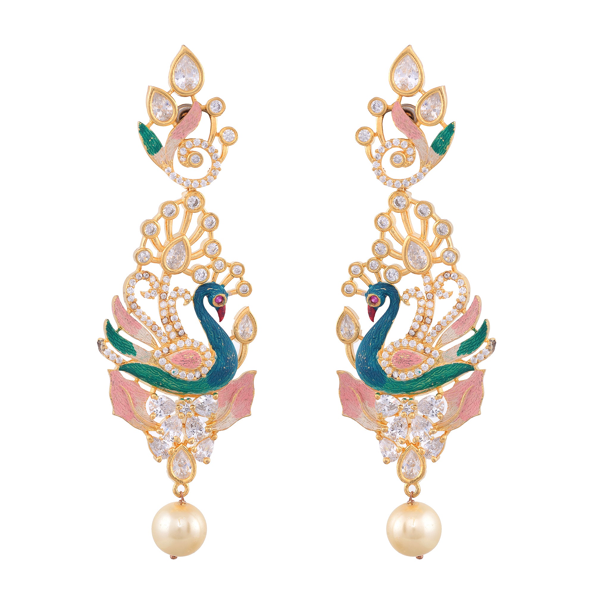 Gold Plated Multicolour Colour Enamelled With American Diamond Studded Handcrafted Peacock Shaped Drop Earrings for Women and Girls - Saraf RS Jewellery