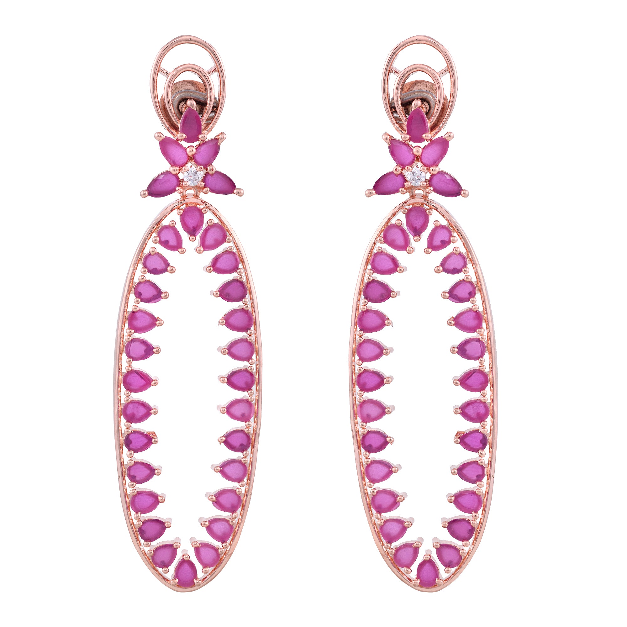 Rose Gold Plated Ruby Colour American Diamond Studded Handcrafted Dangler Earrings for Women and Girls - Saraf RS Jewellery