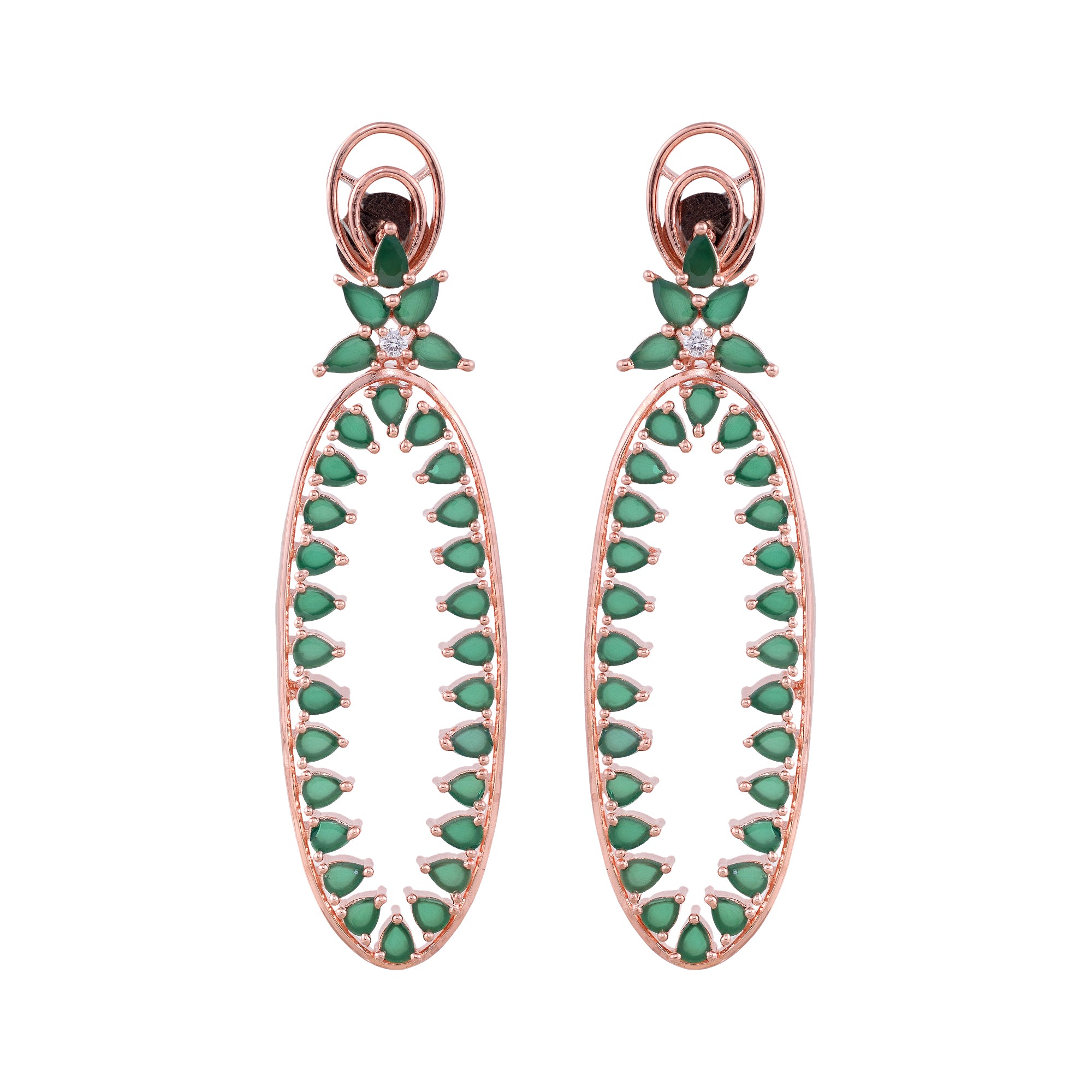 Rose Gold Plated Green Colour American Diamond Studded Handcrafted Dangler Earrings for Women and Girls - Saraf RS Jewellery