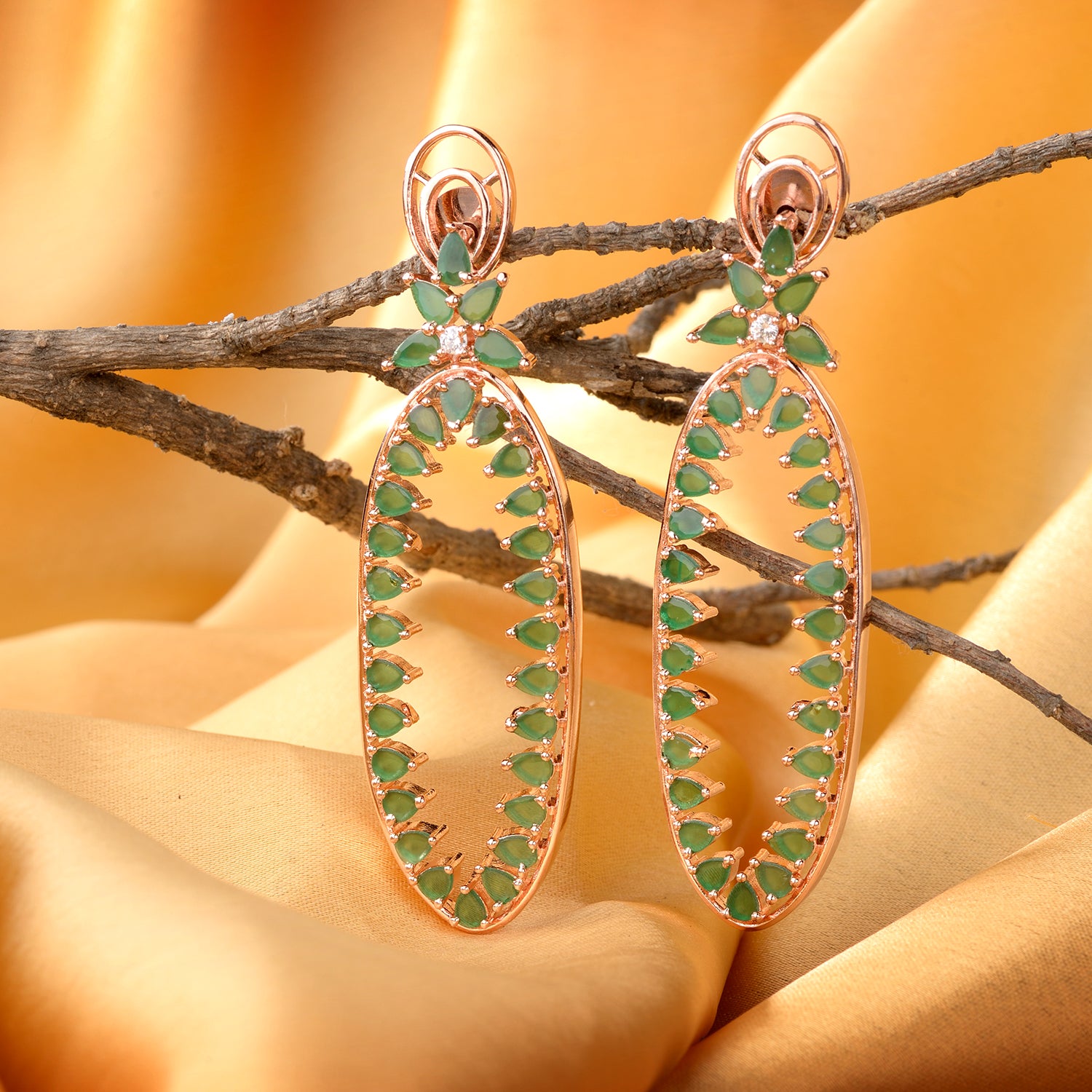 Rose Gold Plated Green Colour American Diamond Studded Handcrafted Dangler Earrings for Women and Girls - Saraf RS Jewellery