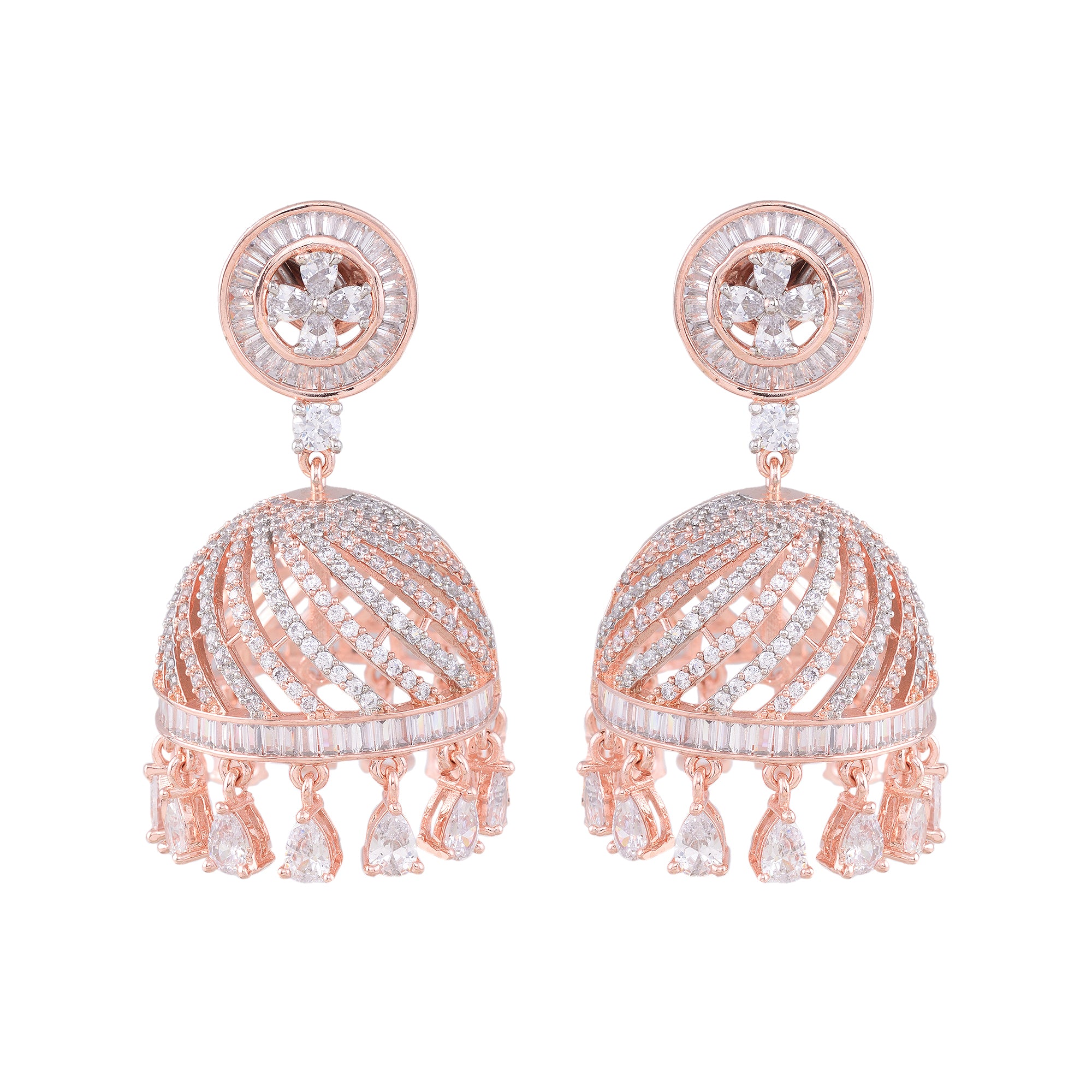 Rose Gold Plated With American Diamond Studded Handcrafted Dome Shaped Jhumka for Women and Girls - Saraf RS Jewellery