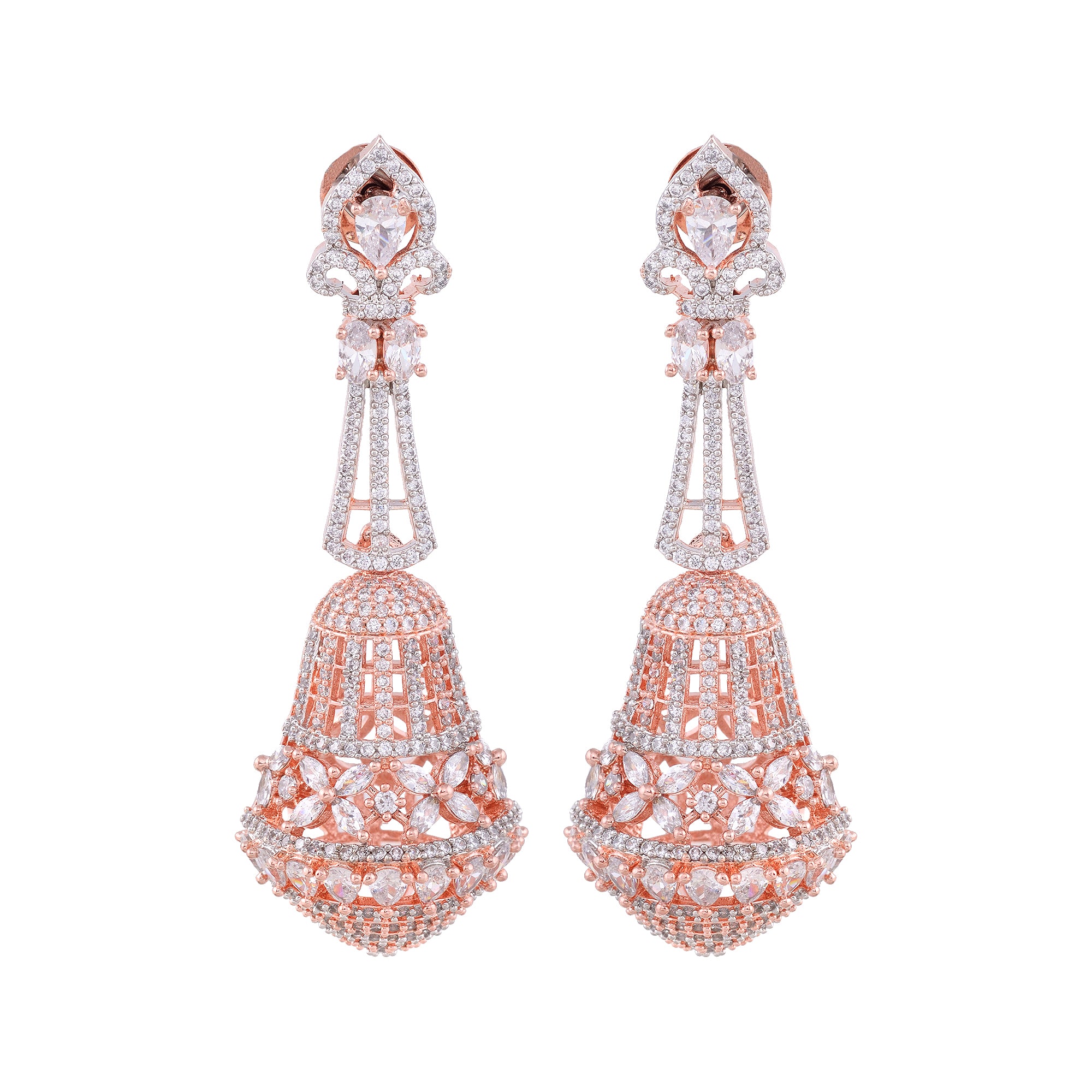 Rose Gold Plated With White American Diamond Studded Handcrafted Bell Shaped Jhumka for Women and Girls - Saraf RS Jewellery