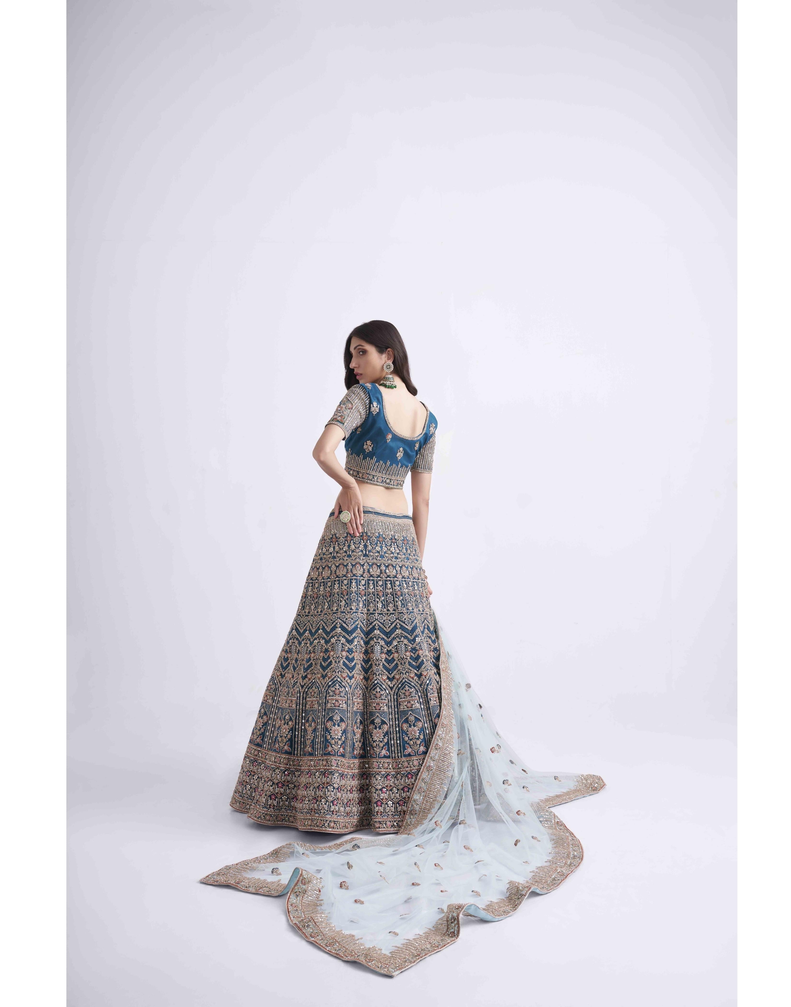 Women's Bridal Heritage Teal Blue Heavy Embroidered Net Designer Lehenga - CHITRAS