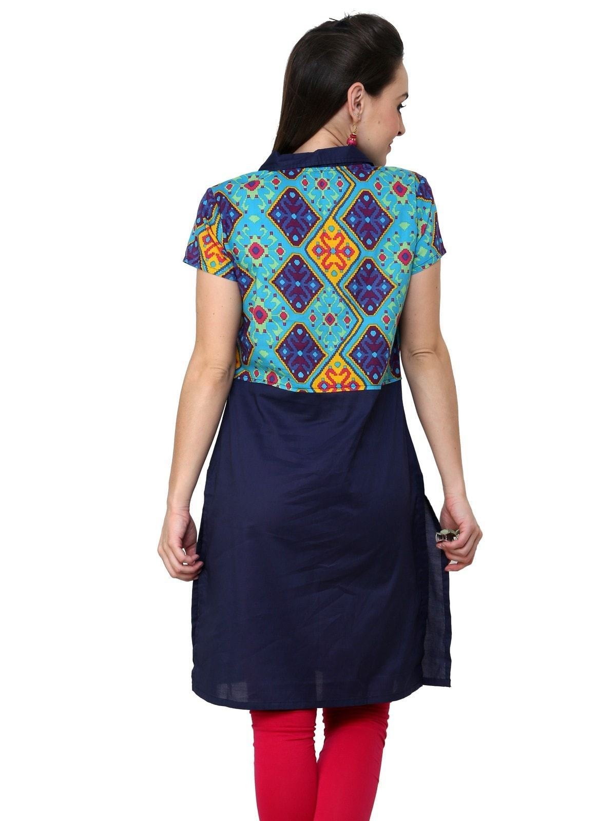 Women's Blue Diamond Print Waist Coat Kurti - Pannkh