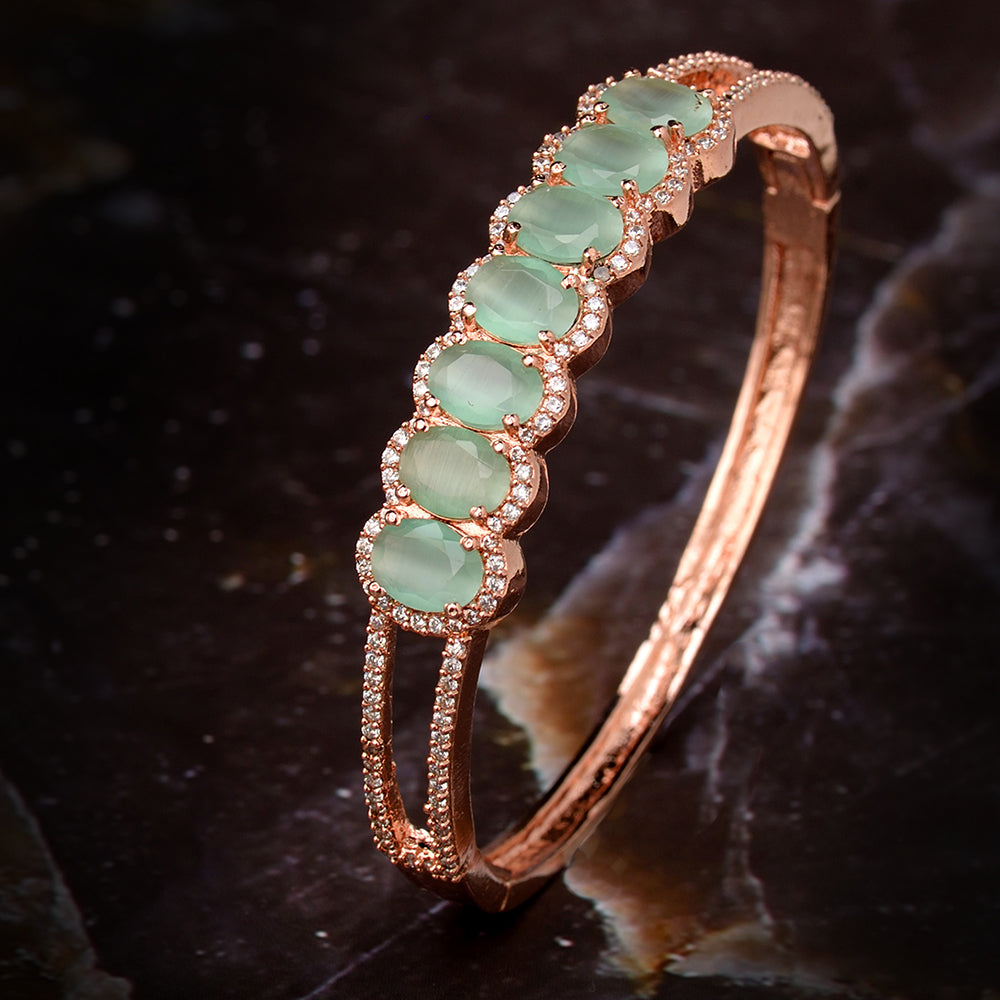 Rose Gold Plated Sea Green American Diamond Stylish Handcrafted Bracelet For Women And Girls - Saraf Rs Jewellery