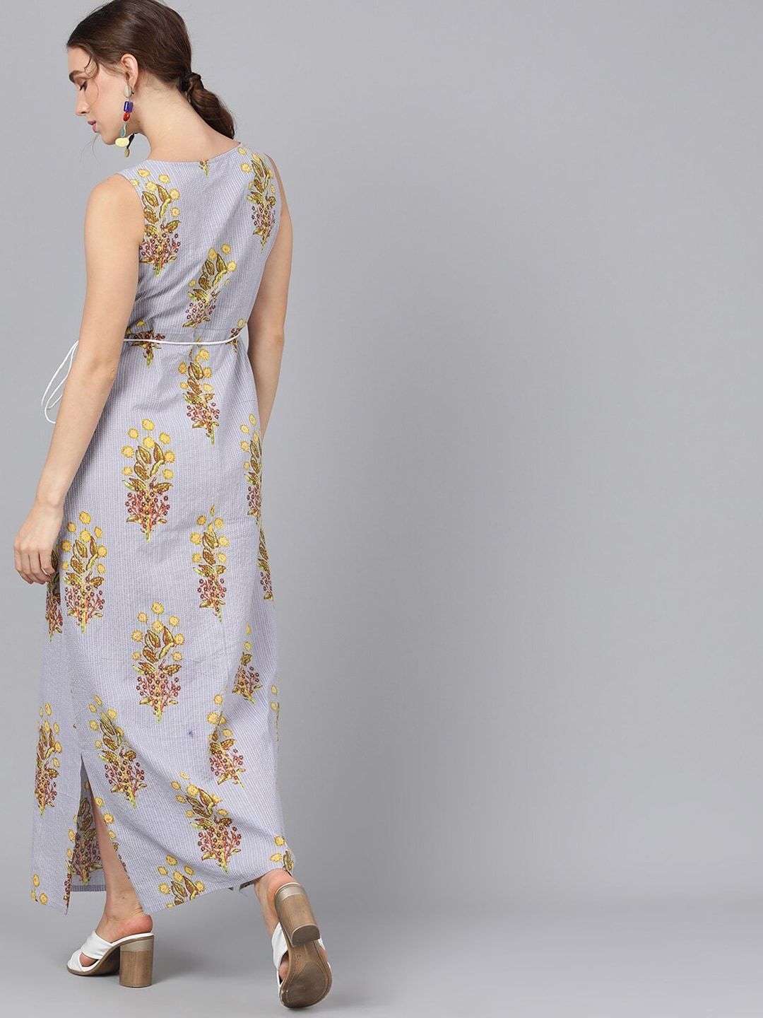 Women's  Grey Printed Kantha Work Maxi Dress - AKS