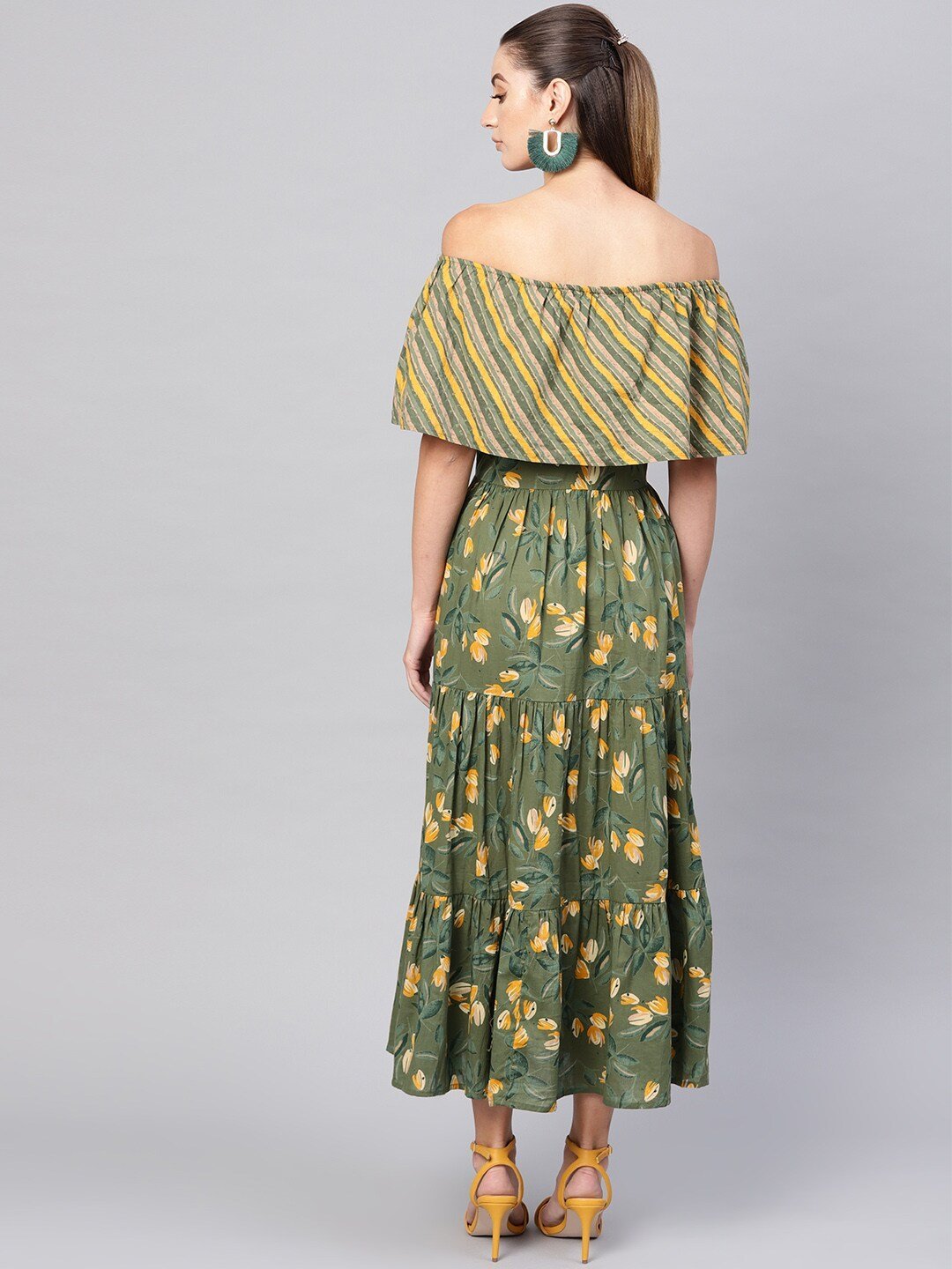 Women's  Olive Green & Mustard Yellow Floral Printed Maxi Off-Shoulder Tiered Dress - AKS