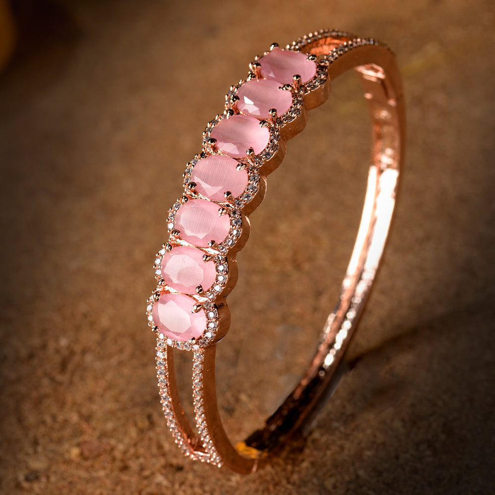 Rose Gold Plated Pink American Diamond Stylish Handcrafted Bracelet For Women And Girls - Saraf Rs Jewellery