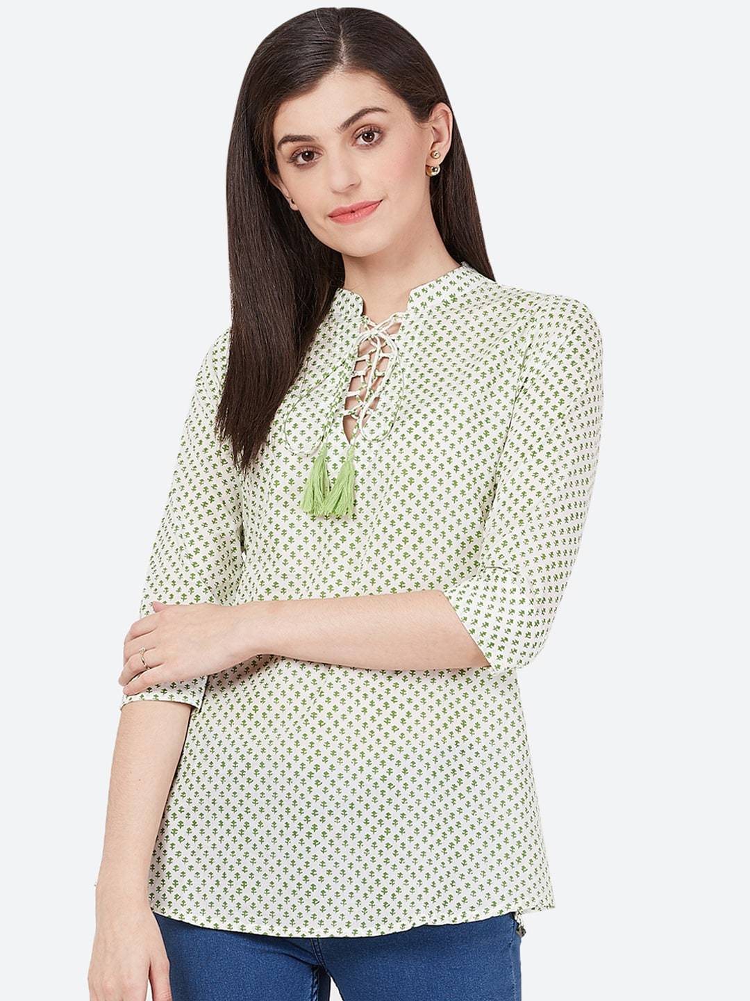 Women's White & Green Printed Woven A-Line Kurti - Meeranshi