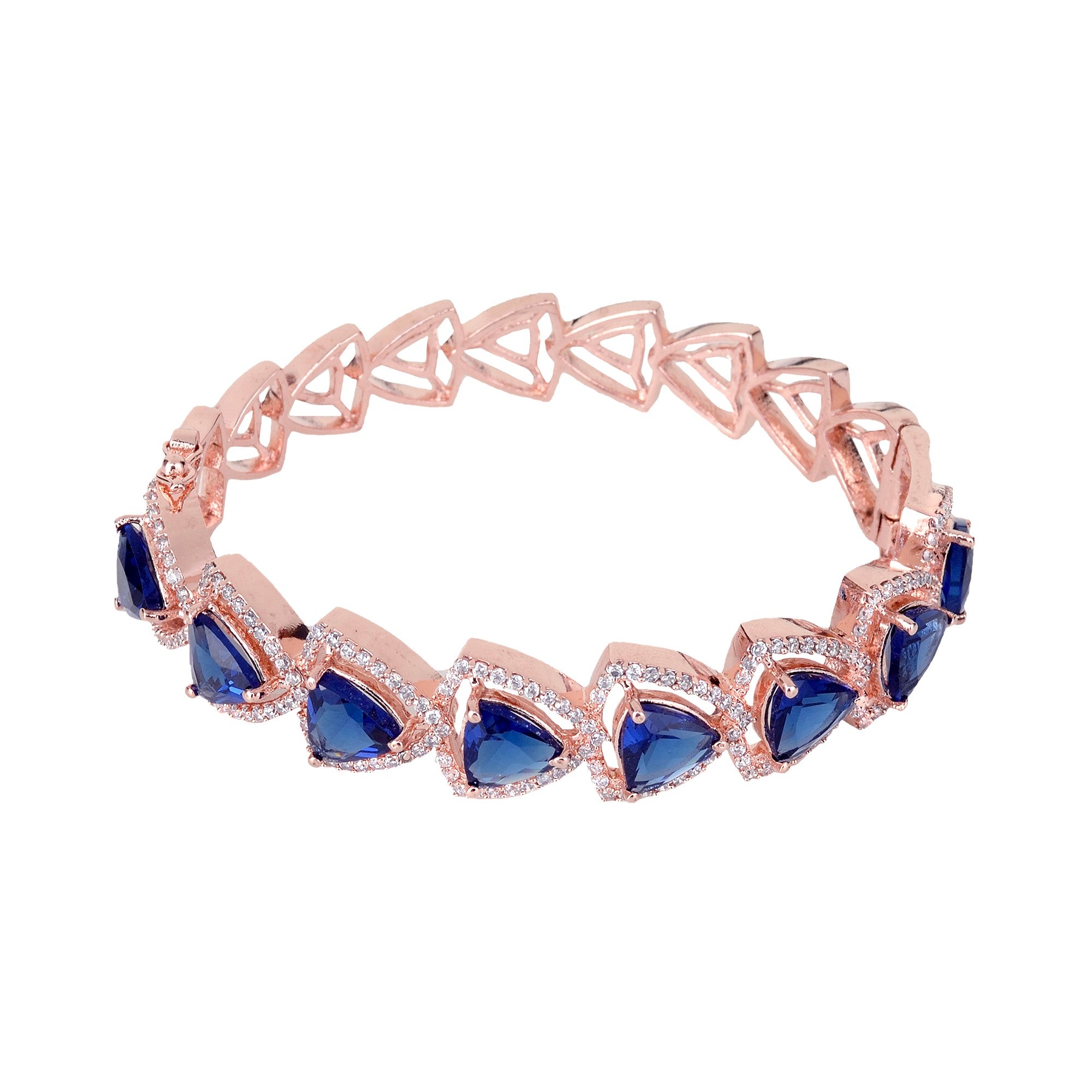 Rose Gold Plated Blue American Diamond Designer Handcrafted Bracelet For Women And Girls - Saraf Rs Jewellery