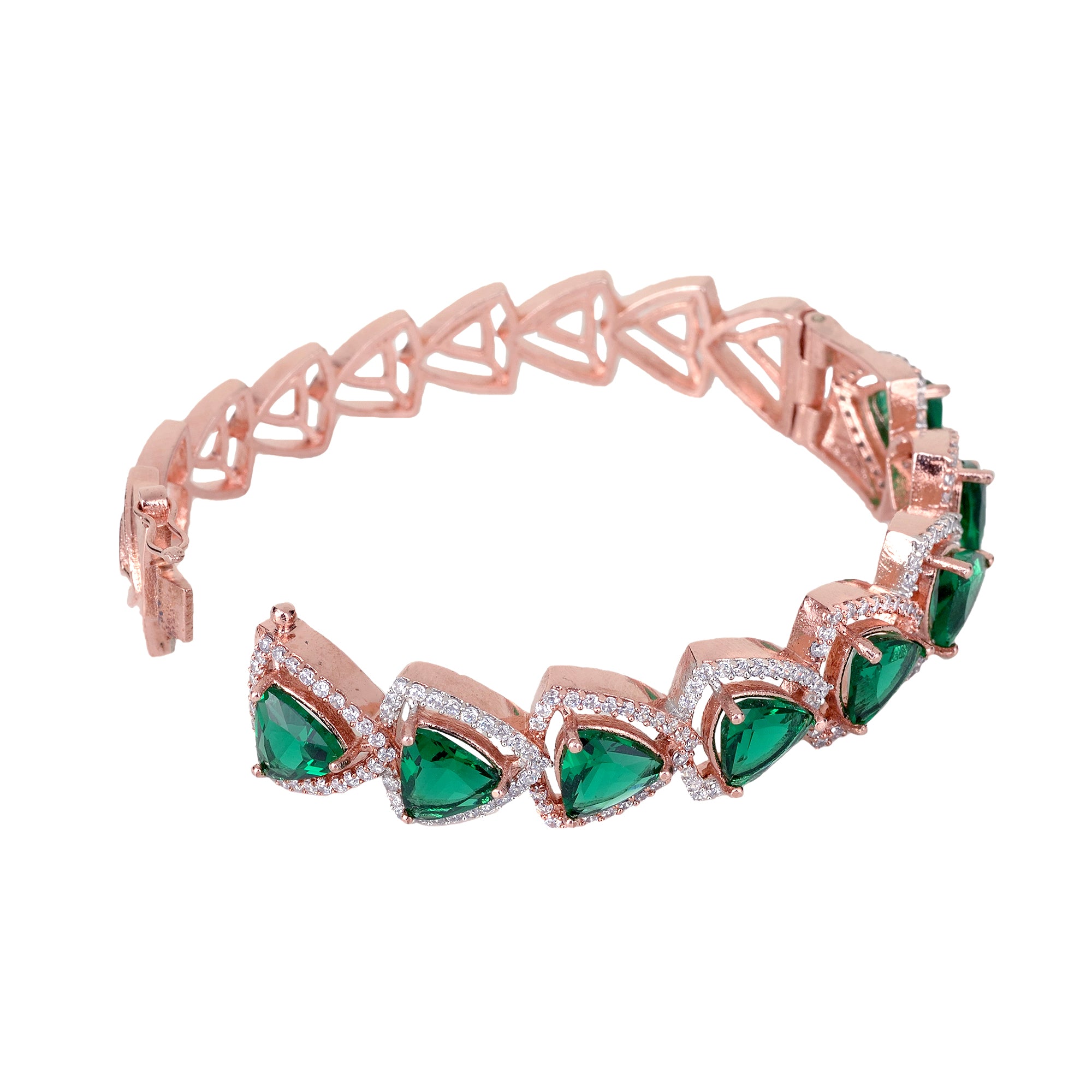 Rose Gold Plated Green American Diamond Designer Handcrafted Bracelet For Women And Girls - Saraf Rs Jewellery