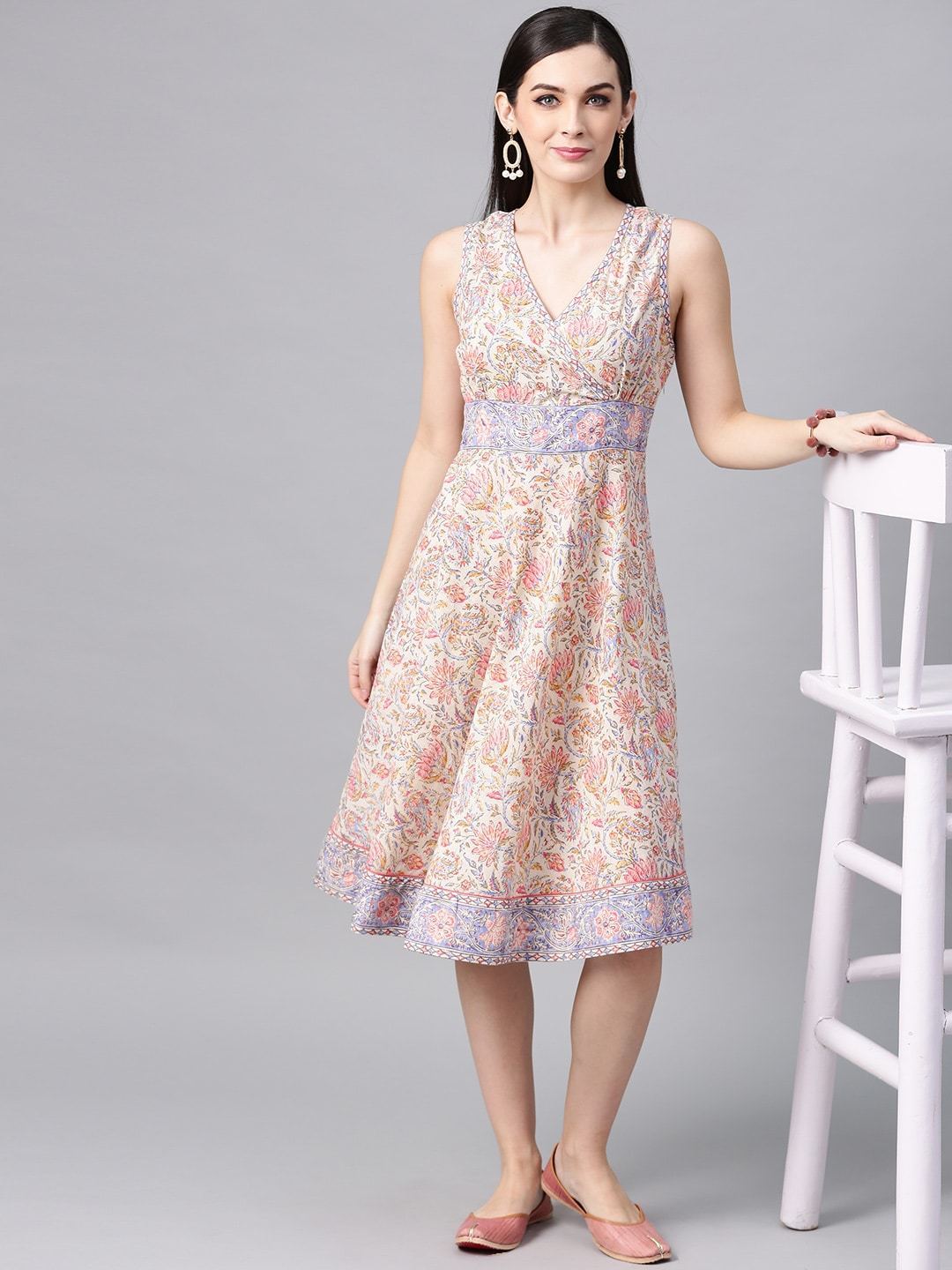Women's  Off-White & Pink Printed Fit and Flare Dress - AKS