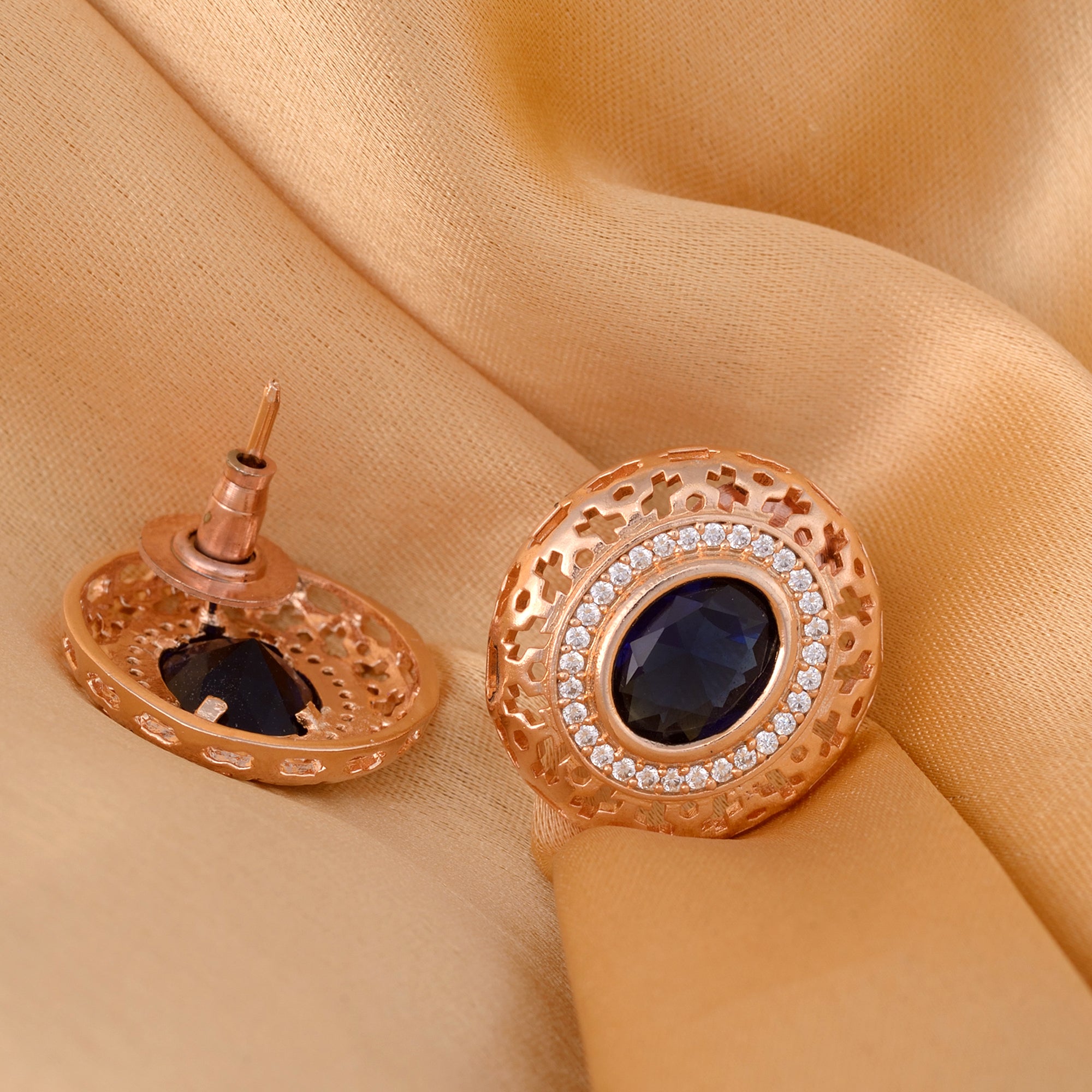 Royal Sapphire Studs Rose Gold Plated Ad Handcrafted Tops Blue Small Earrings for Women and Girls - Saraf RS Jewellery
