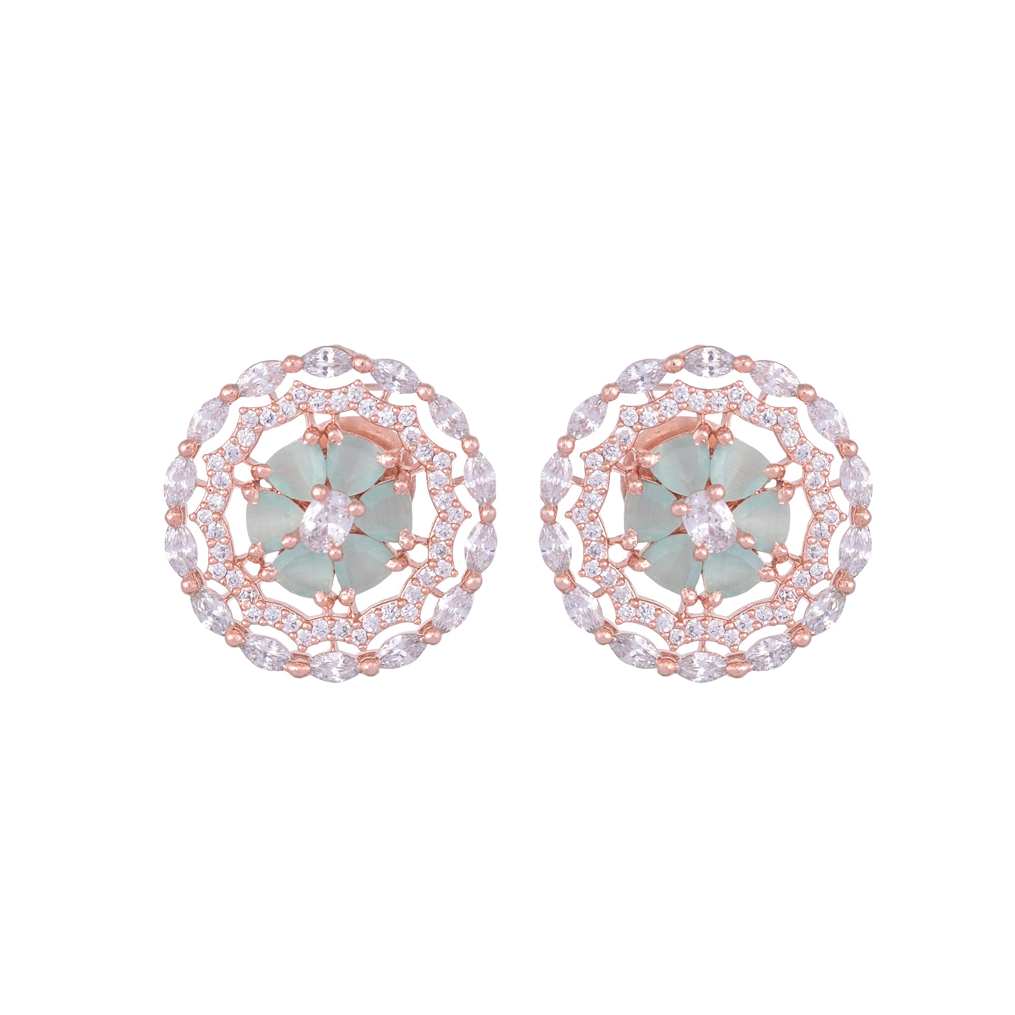 Stunning Pastel Blue Studs Amercan Diamond Studded Rose Gold Plated Small Earrings for Women and Girls - Saraf RS Jewellery