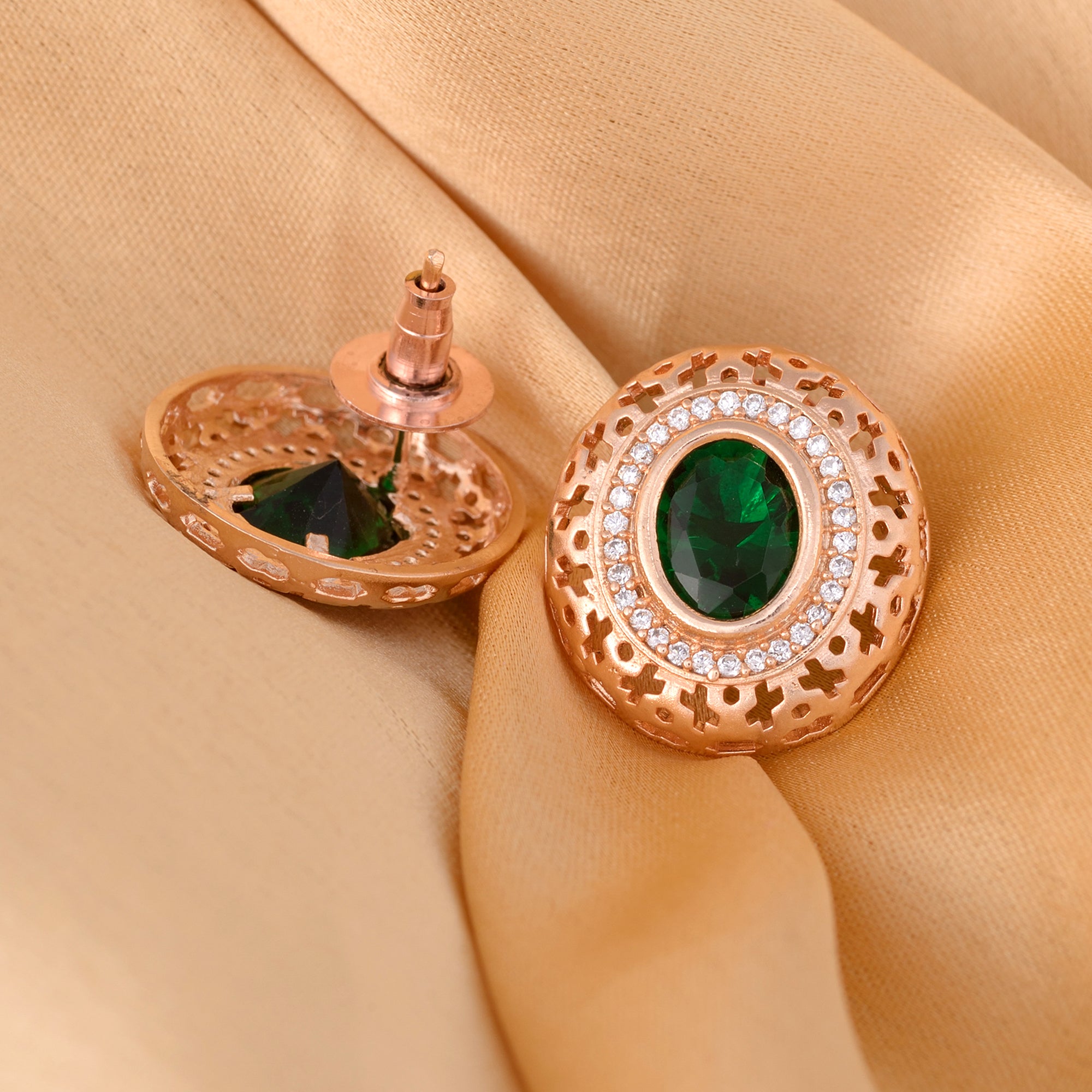Royal Emerald Studs Rose Gold Plated Ad Handcrafted Tops Green Small Earrings for Women and Girls - Saraf RS Jewellery