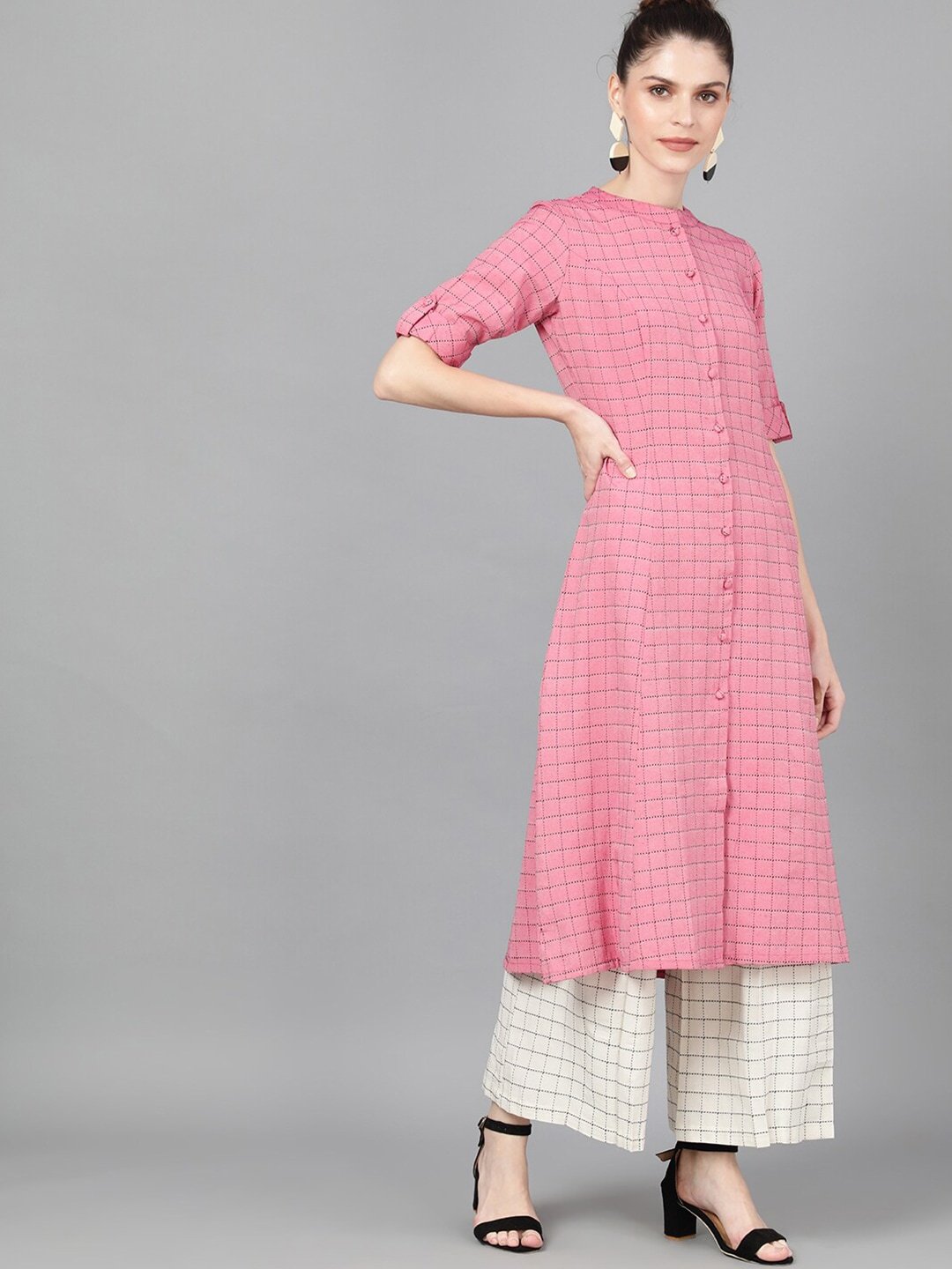 Women's  Pink Woven Design A-Line Kurta - AKS