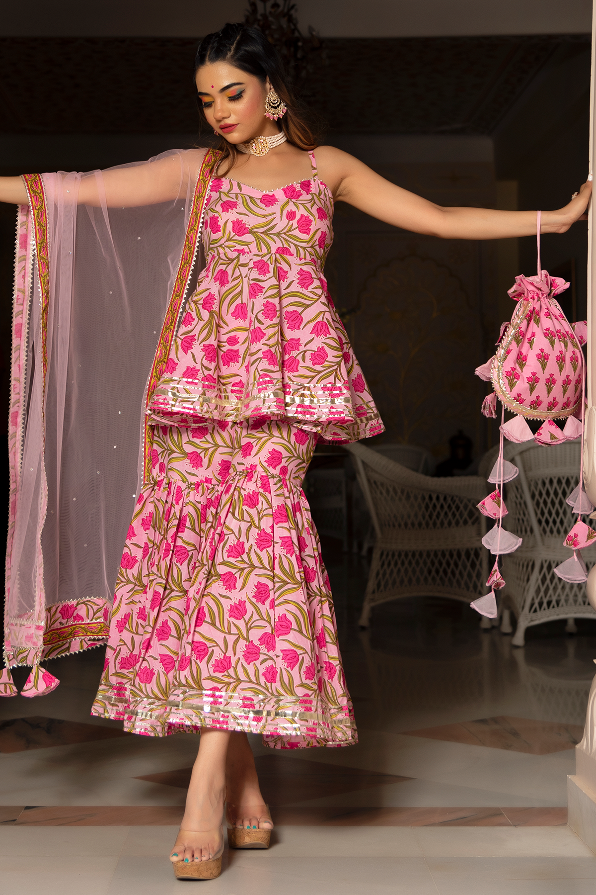 Women's pink cotton hand block sharara set - Pomcha Jaipur