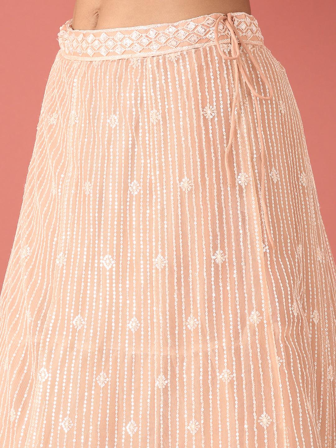 Women's Peach Net Sequinse Work Fully Stitched Lehenga & Stitched Blouse, Dupatta - Royal Dwells