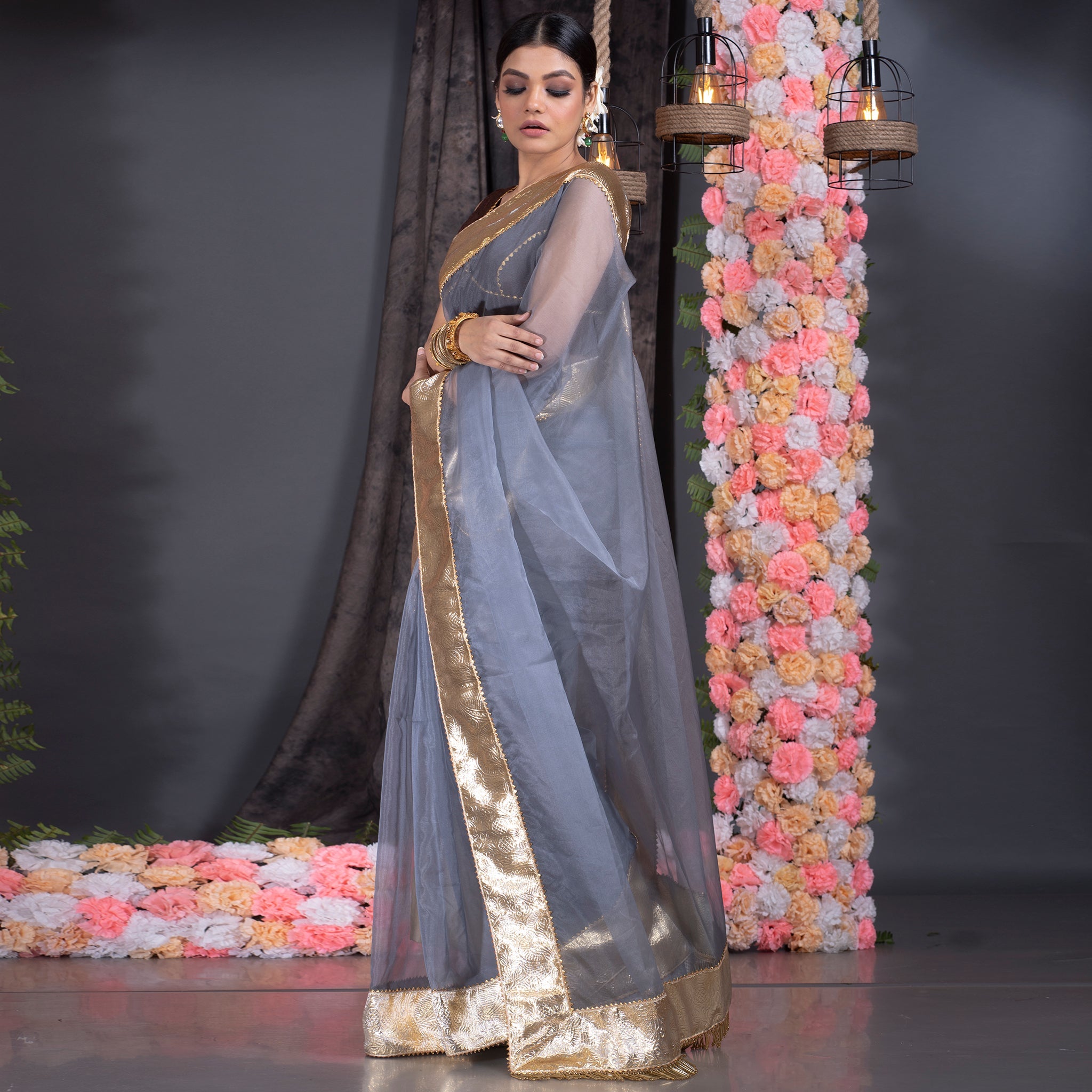 Women's Steel Grey Organza Saree With Gold Gota Border And  Fringe Lace - Boveee