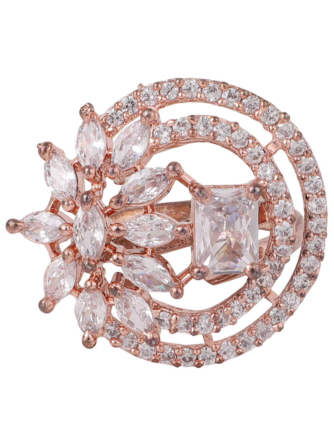 Women's Rose Gold Plated Trendy American Diamond Circular Shaped Ring - Anikas Creation