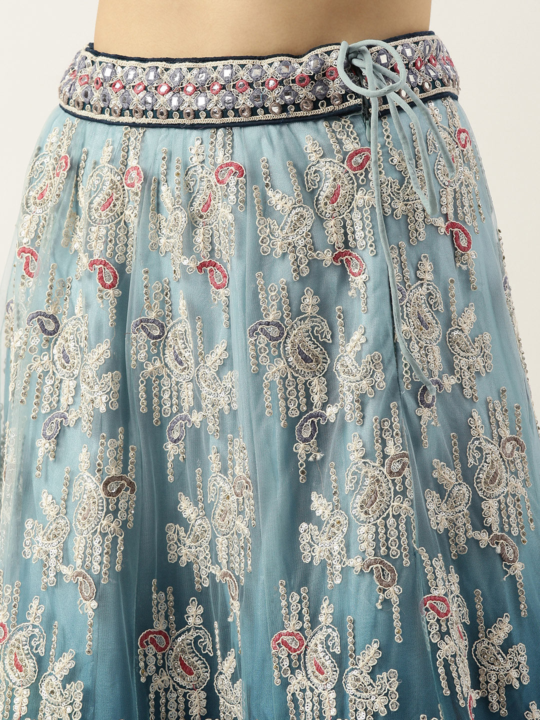 Women's Teal Net Multi Colour Thread Embroidered Lehenga & Blouse, Dupatta - Royal Dwells