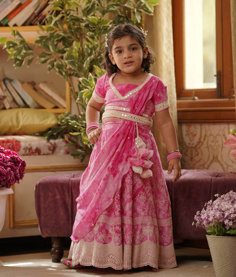 Girl's Pink Tie And Dye Lehenga Choli And Dupatta - Fayon Kids