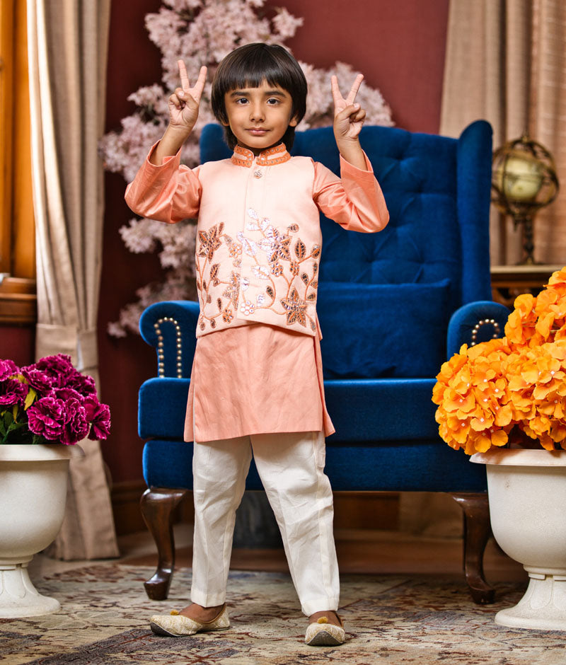 Boy's Peach Gotta Embroidery Nehru Jacket Set
