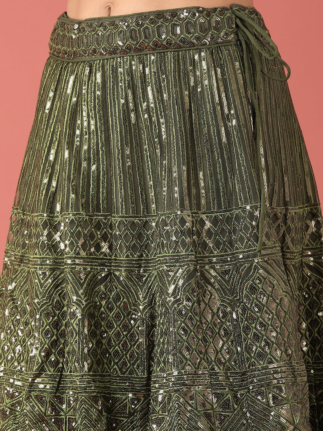Women's Olive Net Sequinse Work Fully Stitched Lehenga & Stitched Blouse, Dupatta - Royal Dwells