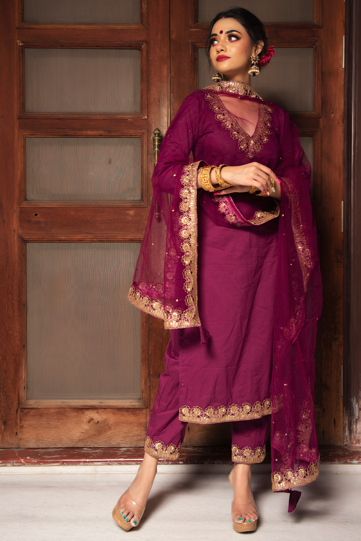 Women's plum cotton straight kurta set - Pomcha Jaipur