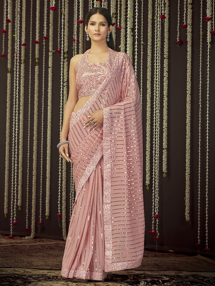Women's Baby Pink Art Silk Heavy Embroidered Designer Saree - Myracouture